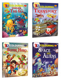 Sawan Set Of 4 3D Colouring Books (3D Colouring: Under The Sea, Transport, Super Hero, Space And Aliens)