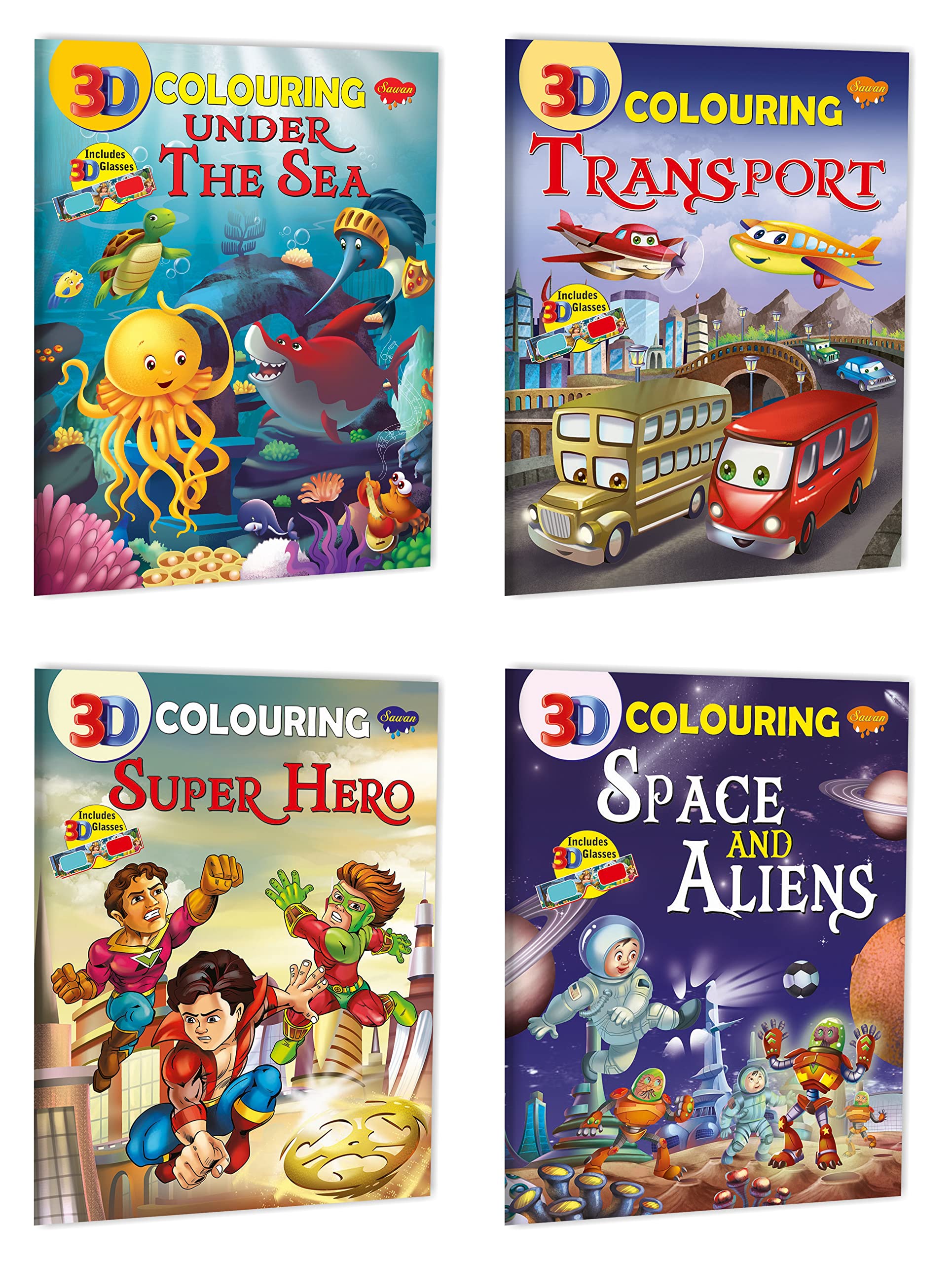 Sawan Set Of 4 3D Colouring Books (3D Colouring: Under The Sea, Transport, Super Hero, Space And Aliens)
