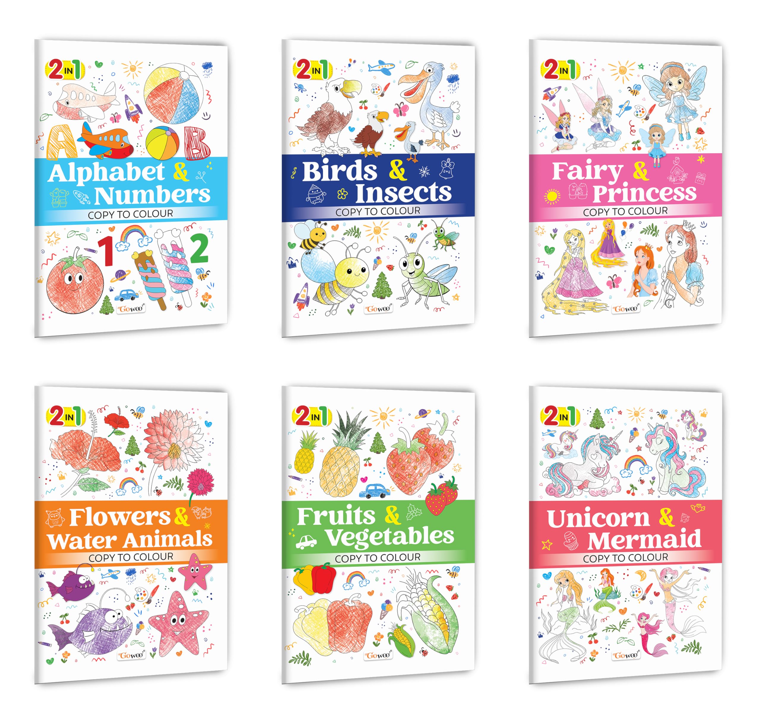 2 in 1 Copy to Colour  Alphabet & Numbers, Birds & Insects, Fairy & Princess and more : Fantasy plus learning themes, Exciting