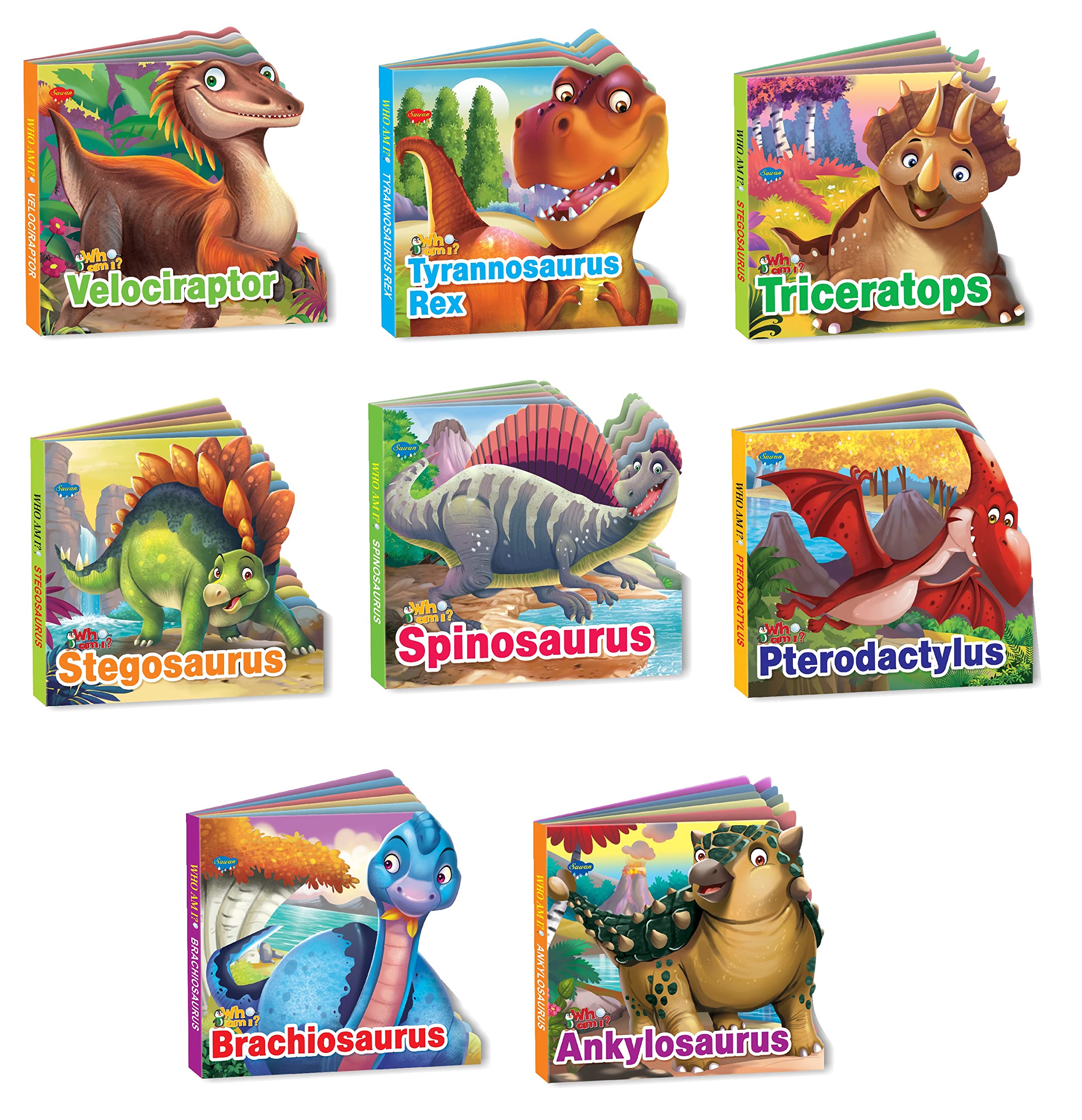 Sawan Present Set Of 8 Who Am I Story Books Of Velociraptor,Tyrannosaurus Rex,Triceratops,Stegosaurus,Spinosaurus,Pterodactylus,