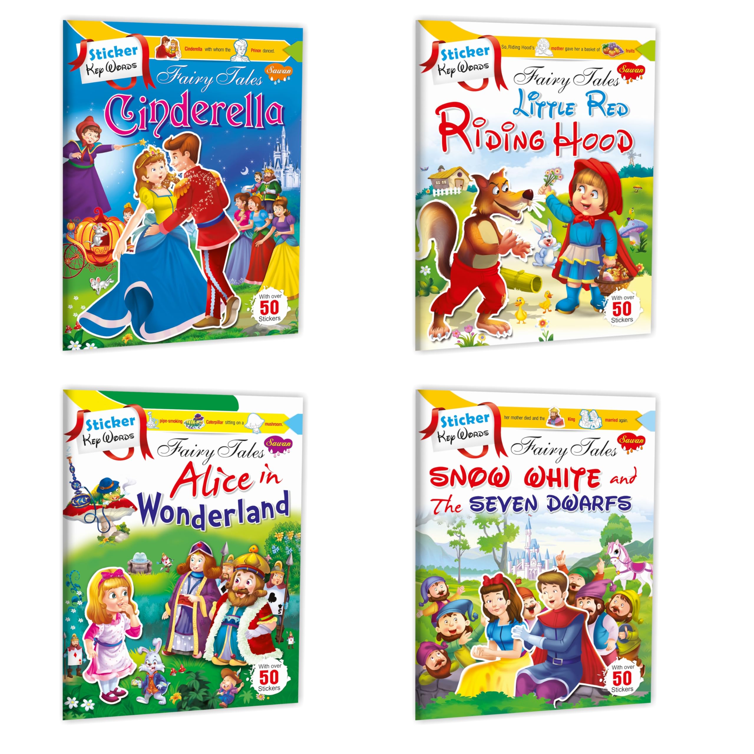 Sawan Set Of 4 Sticker Activity Books (Cindrella, Little Red Riding Hood,Alice In Wonderland & Snow White & 7 Dwarfs)