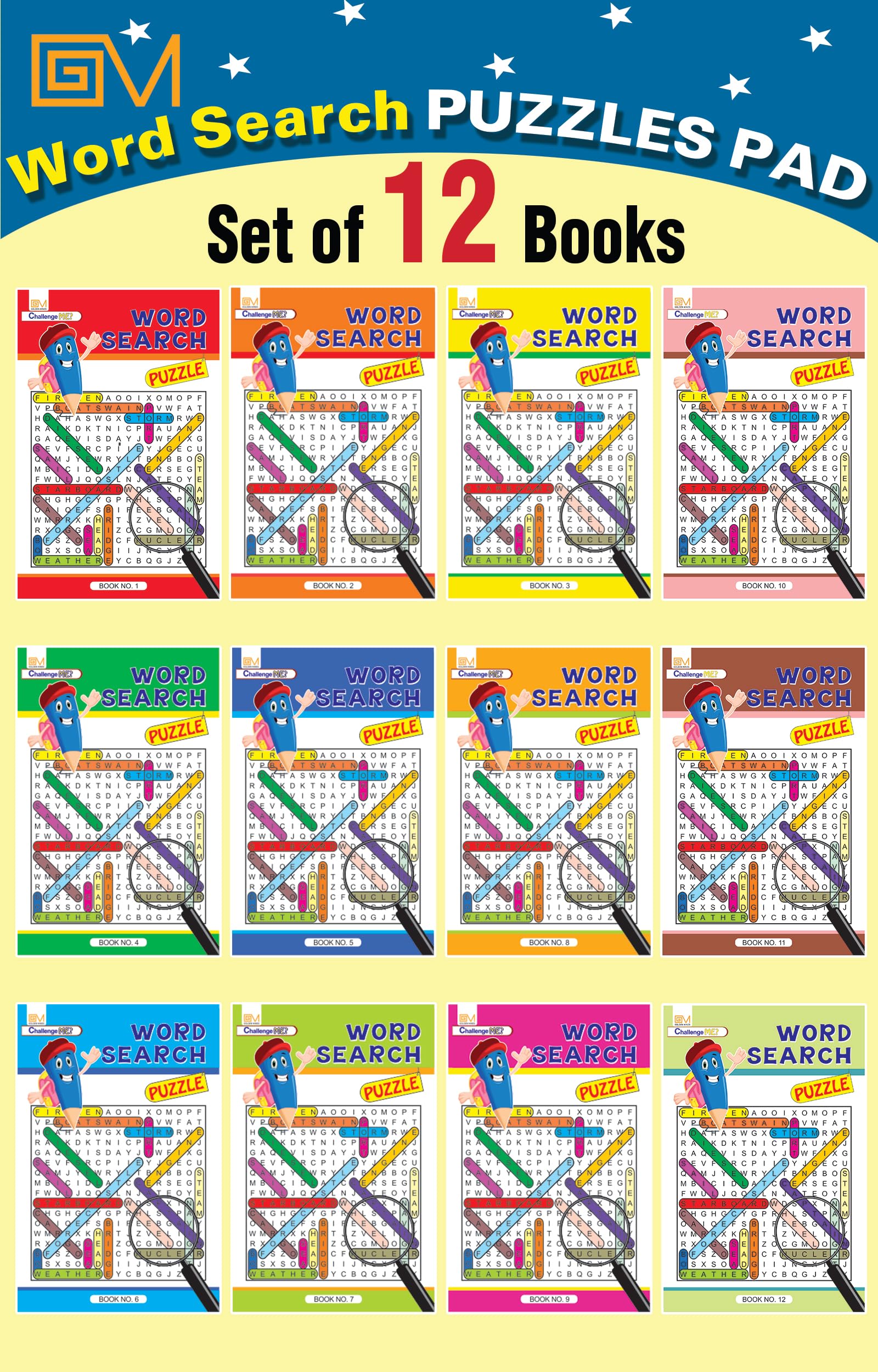 GOLDEN MINDS Word Search Puzzle Pad (Set of 12 Books) for Kids  Fun & Challenging Brain Games to Boost Vocabulary, Focus & Know