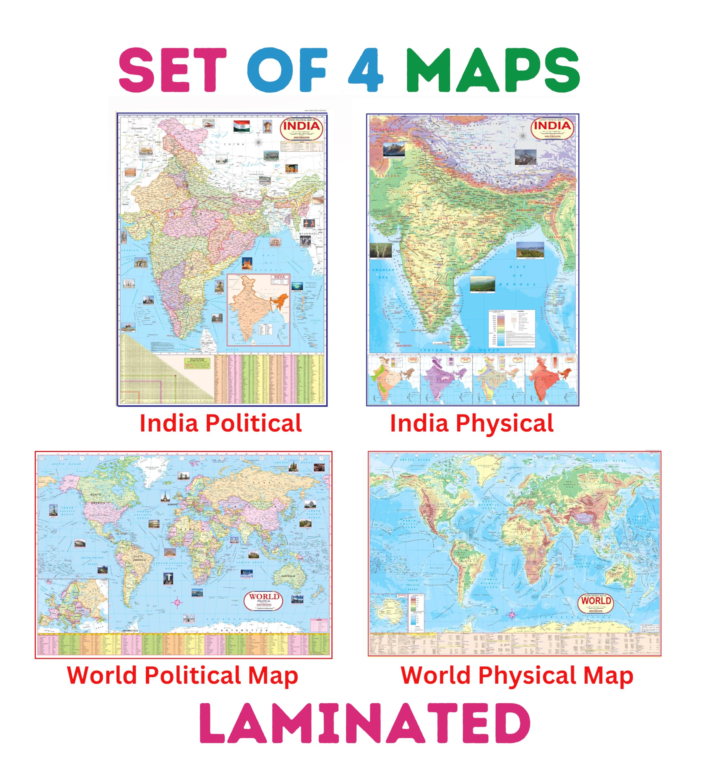 India & World Map (Both Political & Physical)  Laminated | Set Of 4 Maps | Size  70100 Cm | Use For Preparation Of Upsc, Ssc, 