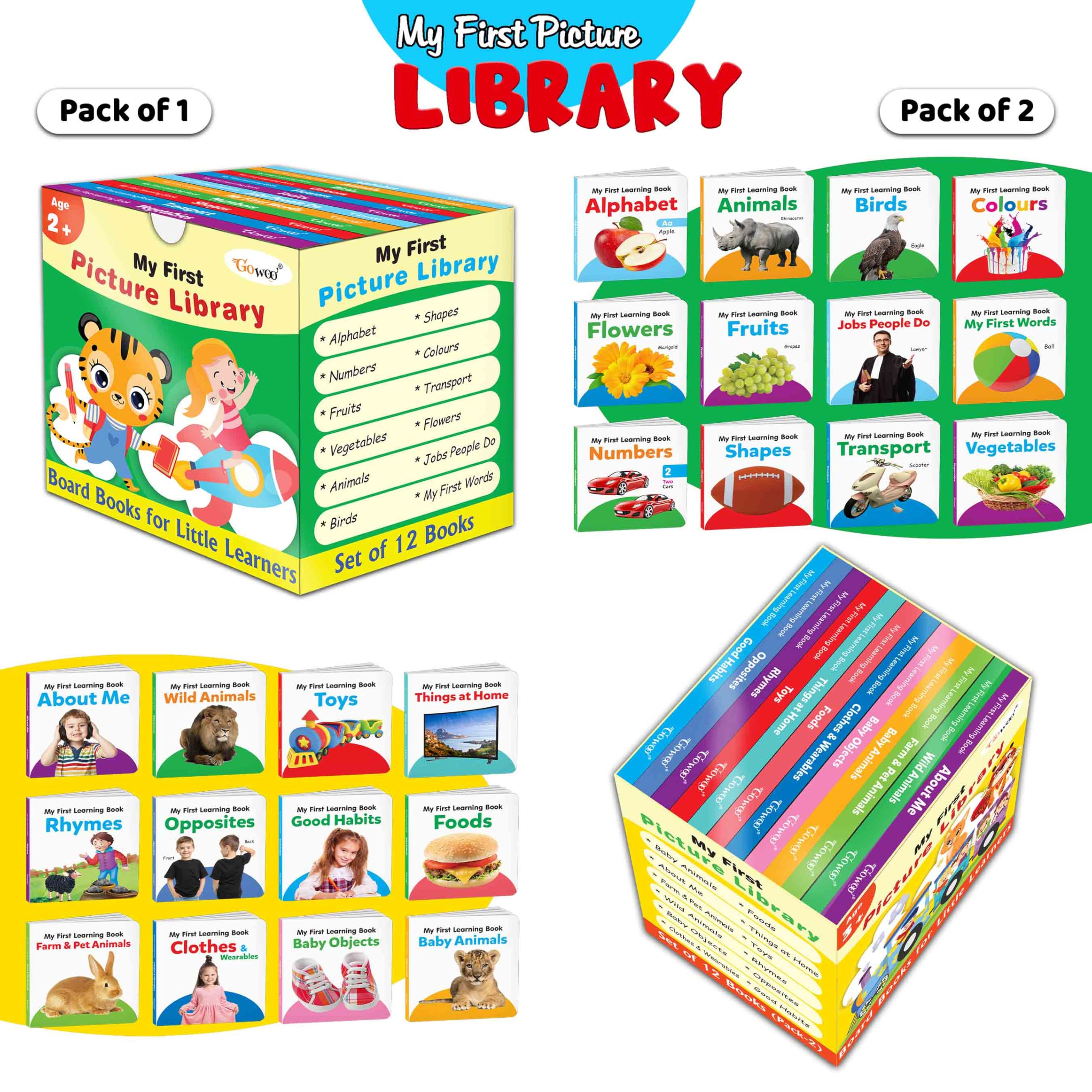 Toddlers learning library box set (Green and Yellow Edition) : Learning board book for kids, My First Picture Library Box, Libra