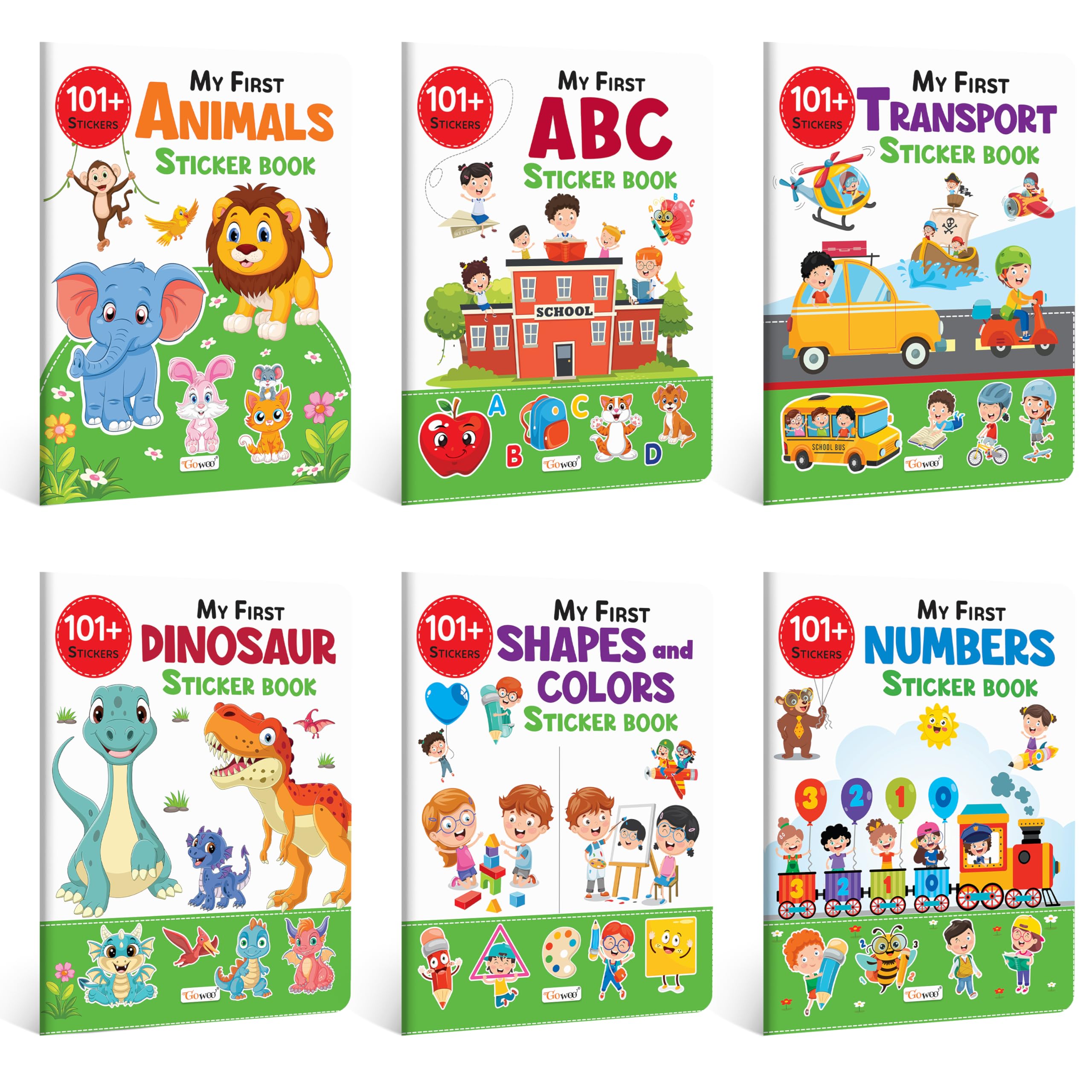 My First ABC, Animals, Numbers, Transport, Shapes & Colors and Dinosaur Sticker Book with 101+ Stickers | Combo of 6 sticker boo