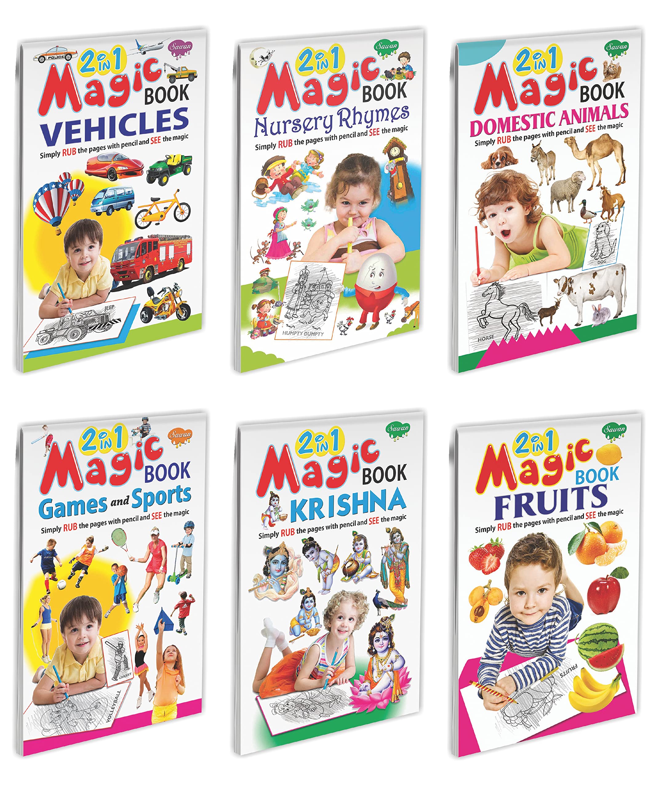 Sawan 2 In 1 Magic Books FruitsVegetables, FlowersVehicles, Domestic AnimalsWild Animals, AlphabetNursery Rhymes, Games And