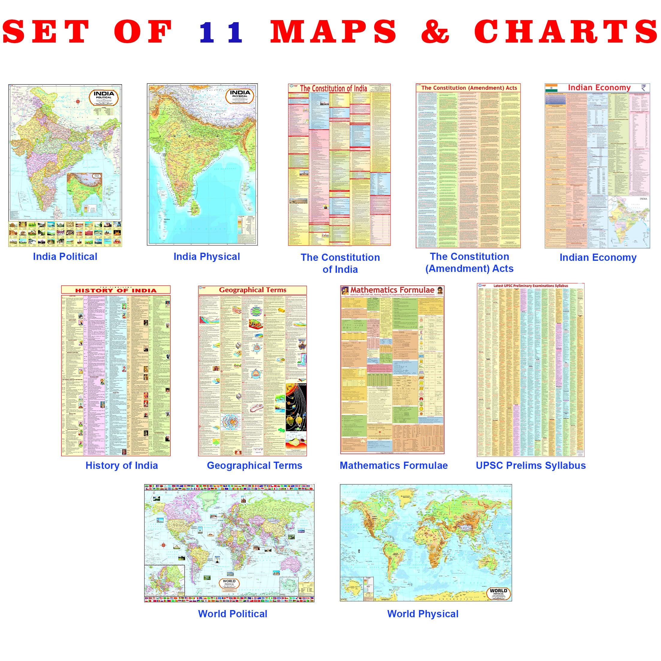 UPSC Maps & Charts Set of 11 | India & World Political & Physical Maps + Constitution, History, Economy, Geography Terms, Maths 