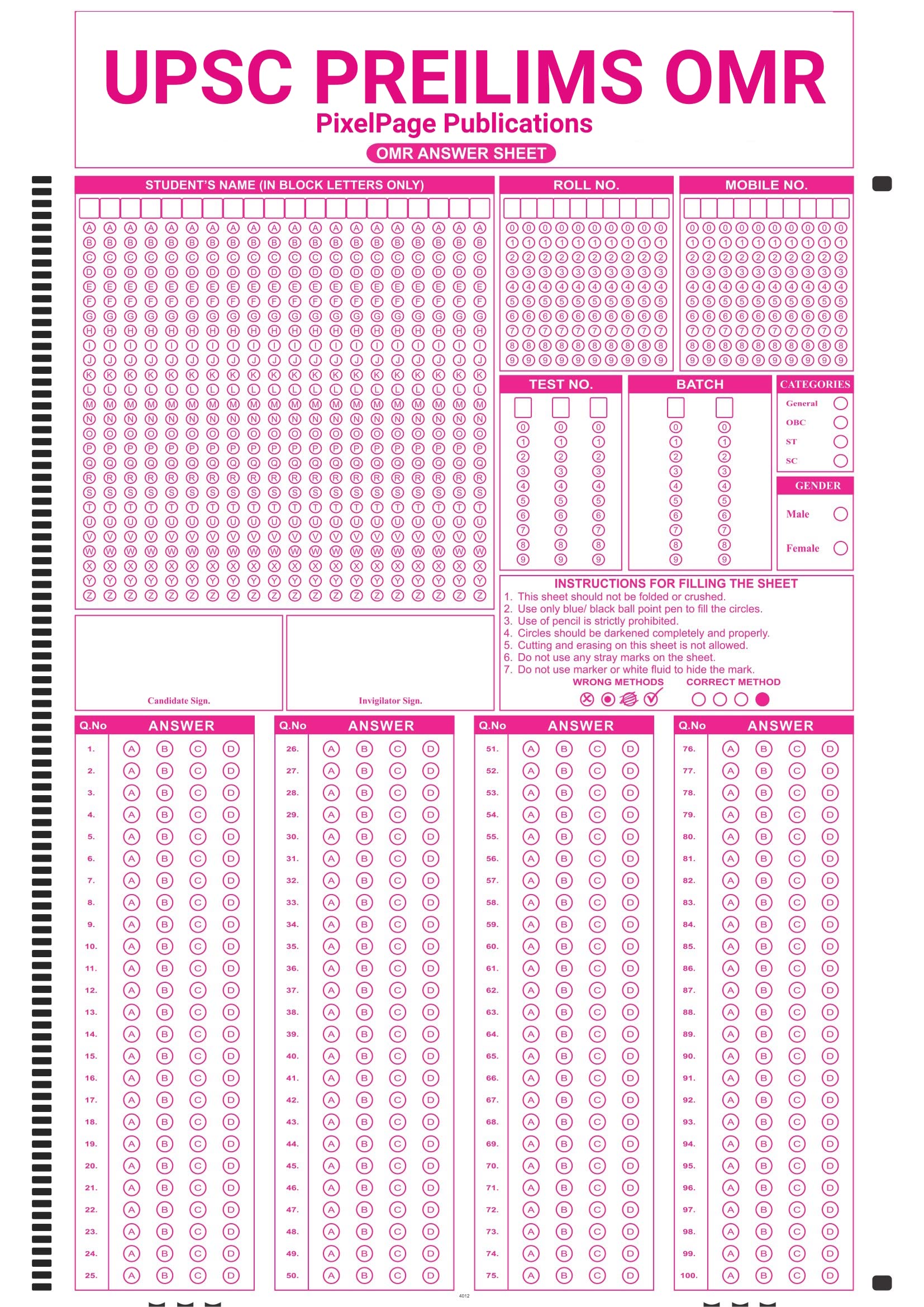 UPSC Prelims OMR Answer Sheets : Practice and Prepare with Confidence Pack of 100 sheets