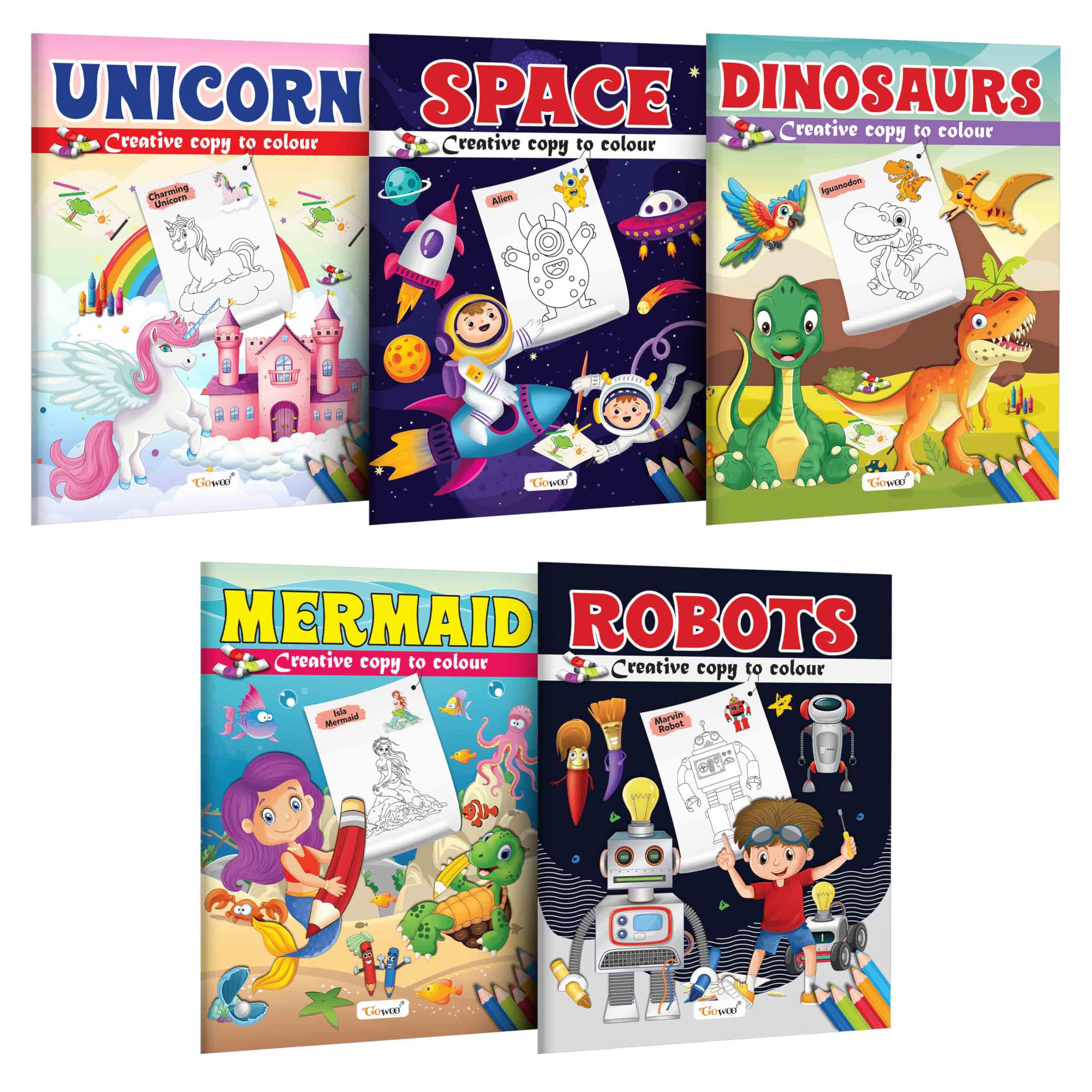 Unicorn, Space, Dinosaurs, Mermaid and Robot  Creative Copy to Colour book : Colouring Book for Children, Kids Colouring Book, 