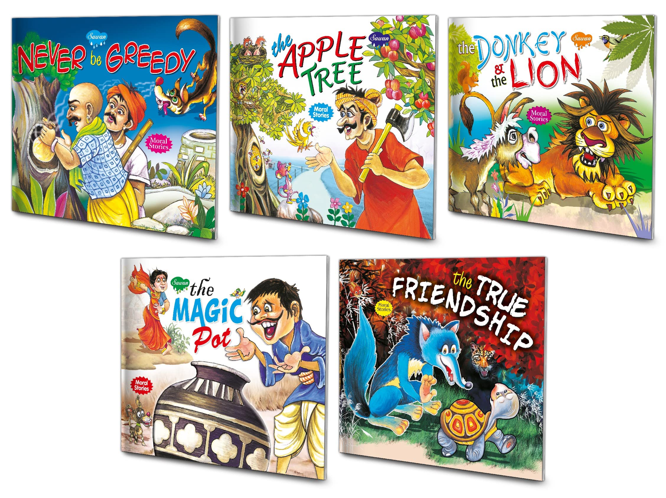Sawan Moral Story Books Never Be Greedy, The Apple Tree, The Donkey & The Lion, The Magic Pot, The True Friendship | Pack Of 5 