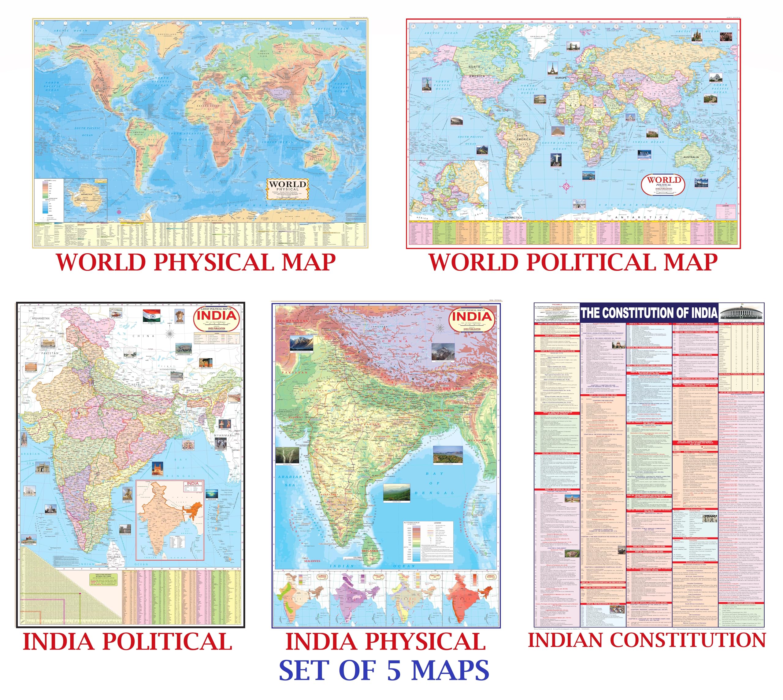 India & World Map ( Both Political & Physical ) & India Constitution Chart | Set Of 5 | Map Size  70X100 Cm | Use For Preparati