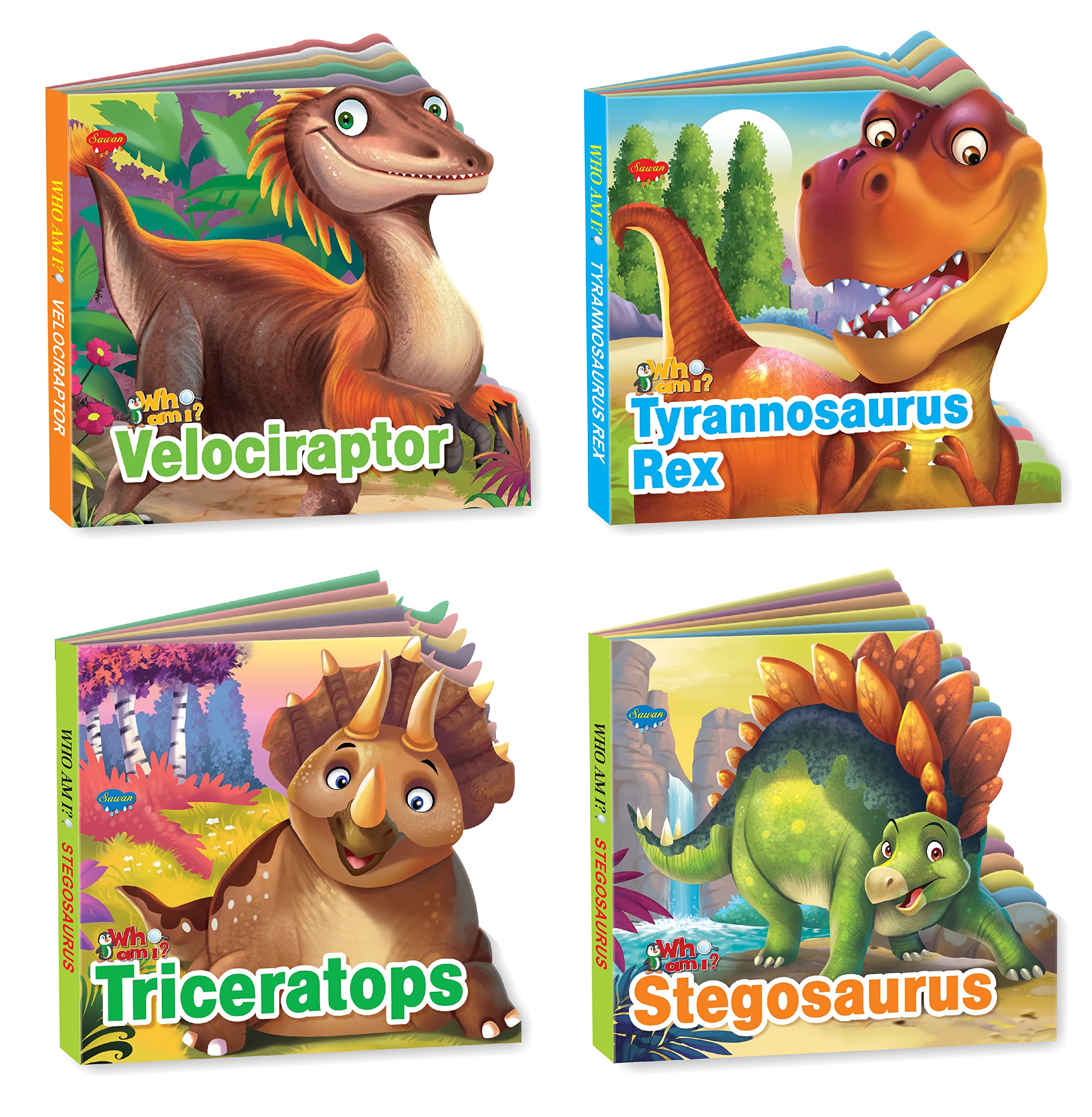 Sawan Present Set Of 4 Who Am I Story Books Of Velociraptor,Tyrannosaurus Rex,Triceratops & Stegosaurus | Board Book