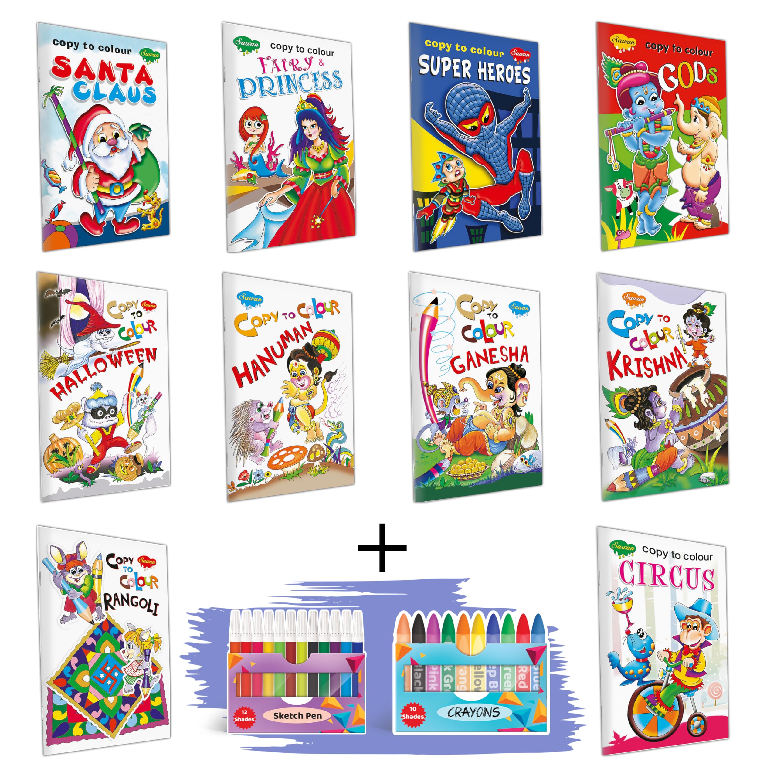 Set of 10 colouring books| Santa Claus, Fairy & Princess, Super Heroes, Gods, Halloween, Hanuman, Ganesha, Krishna, Rangoli, Cir