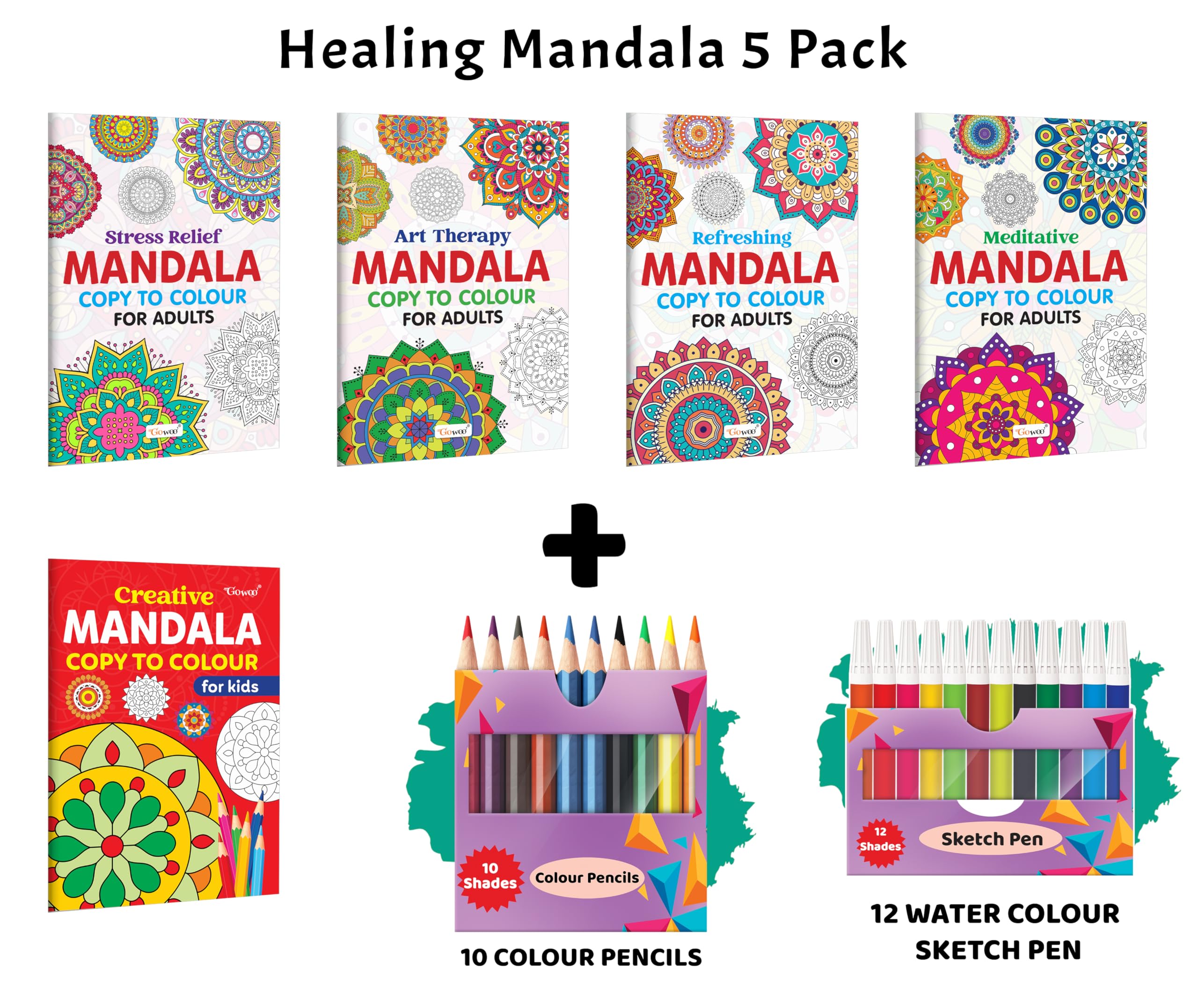Stress Relief, Art Therapy, Refreshing  Mandala Copy to Colour for Adults & Kids and more with 12 Water Colour Sketch Pens and 