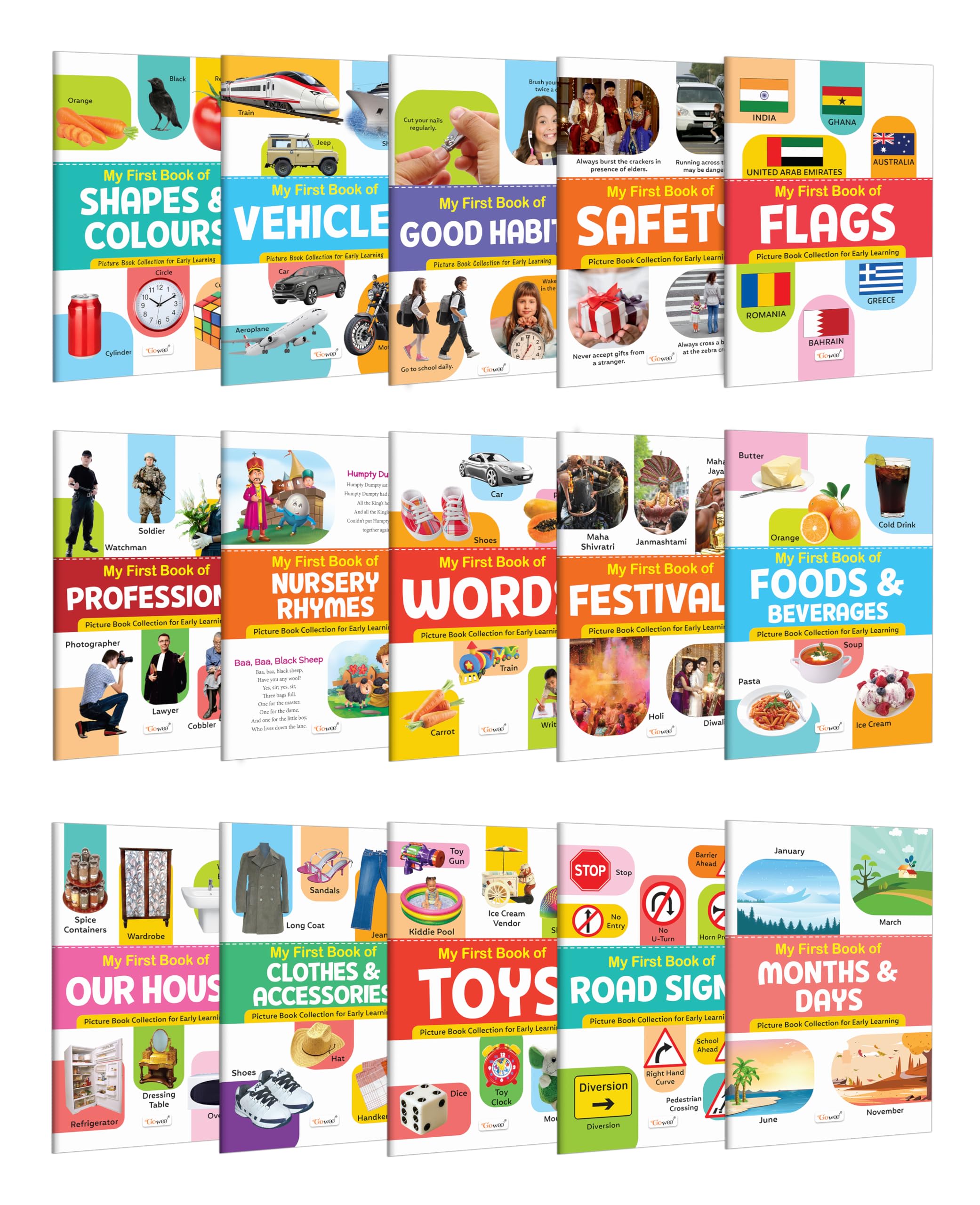 My First Book of Shapes & Colours, Vehicles, Good Habits, Safety and more : educational books for toddlers, all in one learning