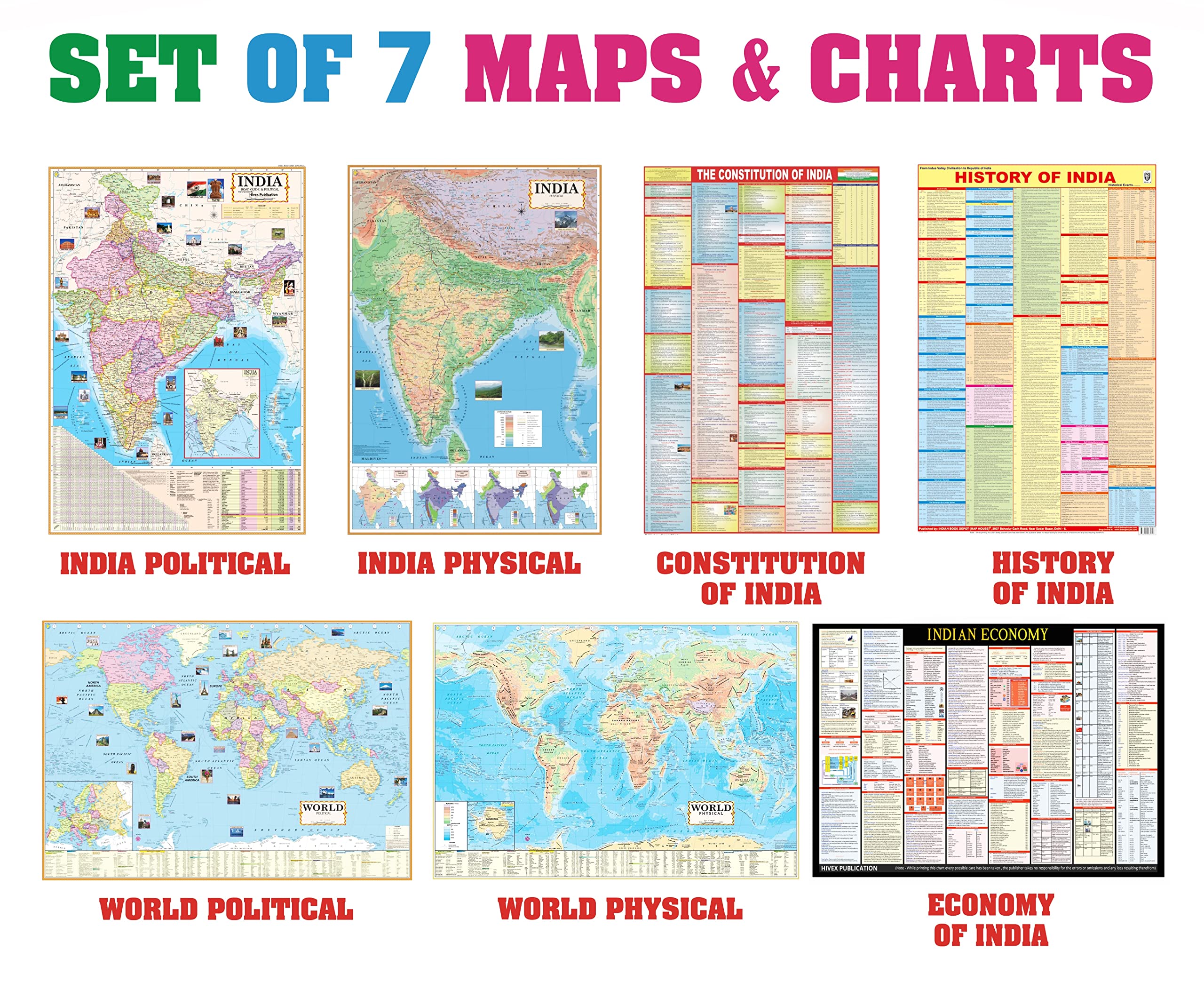 India & World Map (Both Political & Physical) With Constitution Of India Chart, History & Economy Of India Chart | Set Of 7 | Us