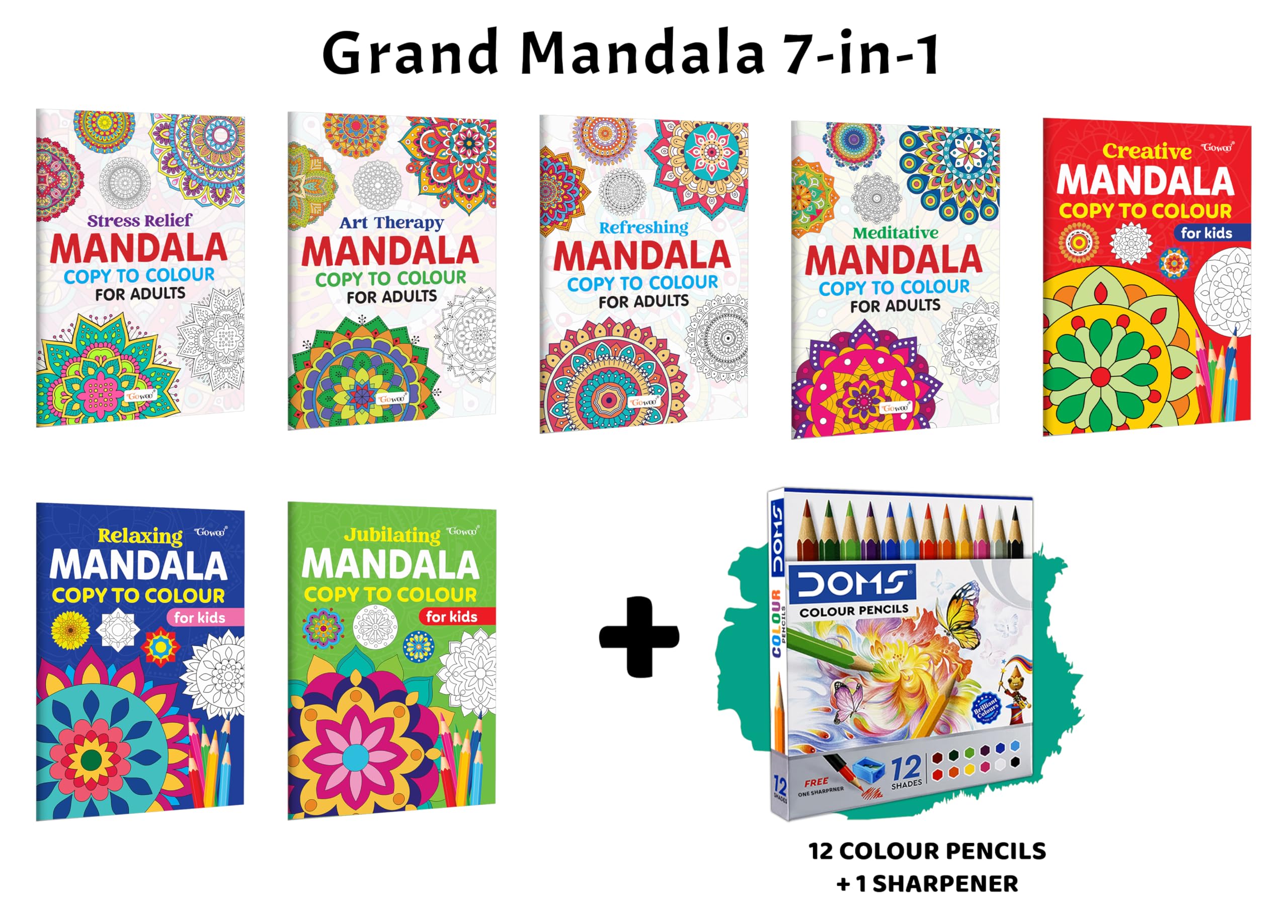 Stress Relief, Art Therapy, Refreshing  Mandala Copy to Colour for Adults & Kids and more with 12 Colour Pencils and 1 Sharpene