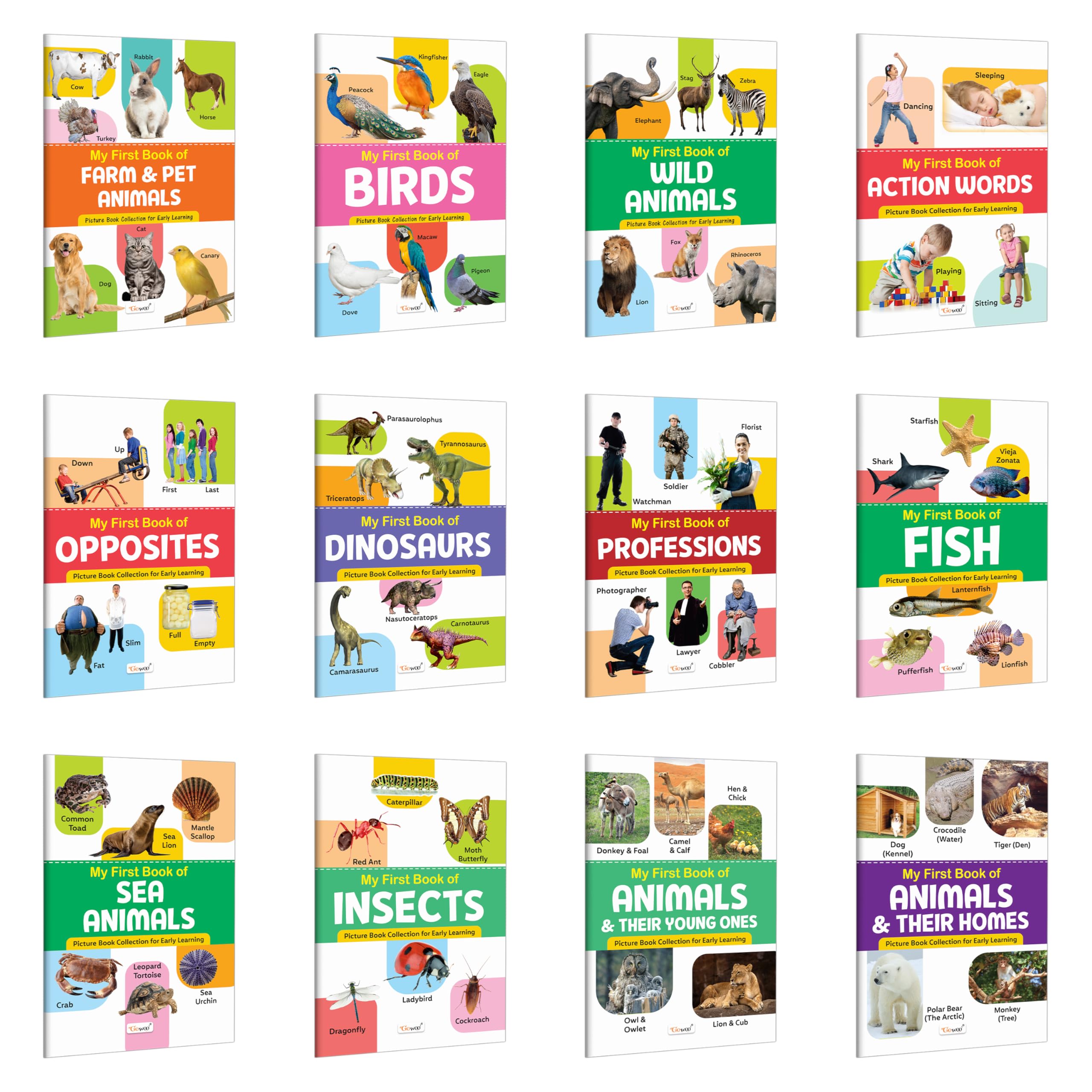 My First Book of Birds, Farm & Pet Animals, Wild Animals, Action Words and more : interactive books for kids, beginner learning