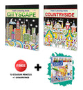 Cityscape and Countryside  Adult Colouring Book with 12 Colour Pencils + 1 Sharpener : Colouring kit for adults, Relaxing Color