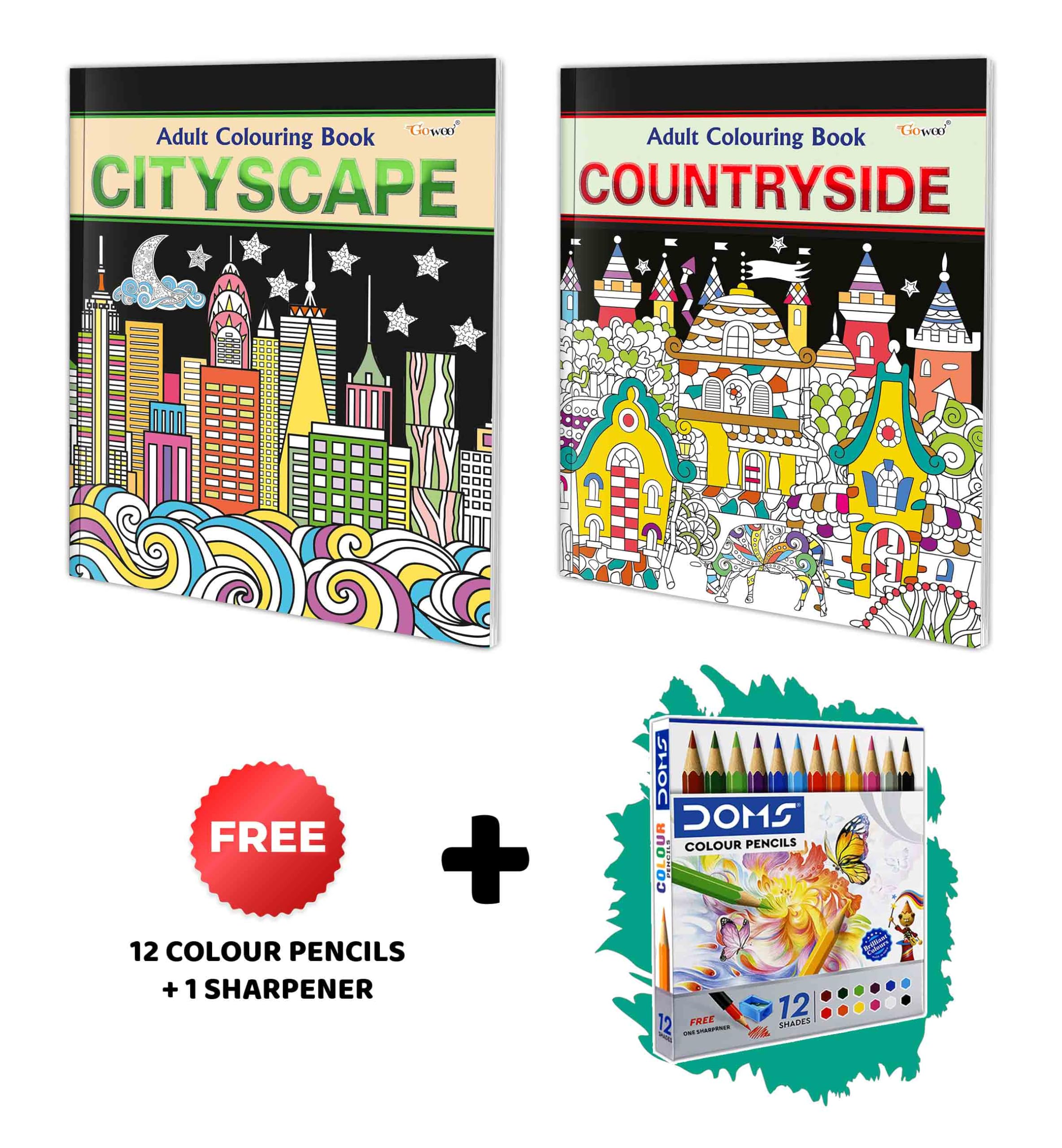 Cityscape and Countryside  Adult Colouring Book with 12 Colour Pencils + 1 Sharpener : Colouring kit for adults, Relaxing Color