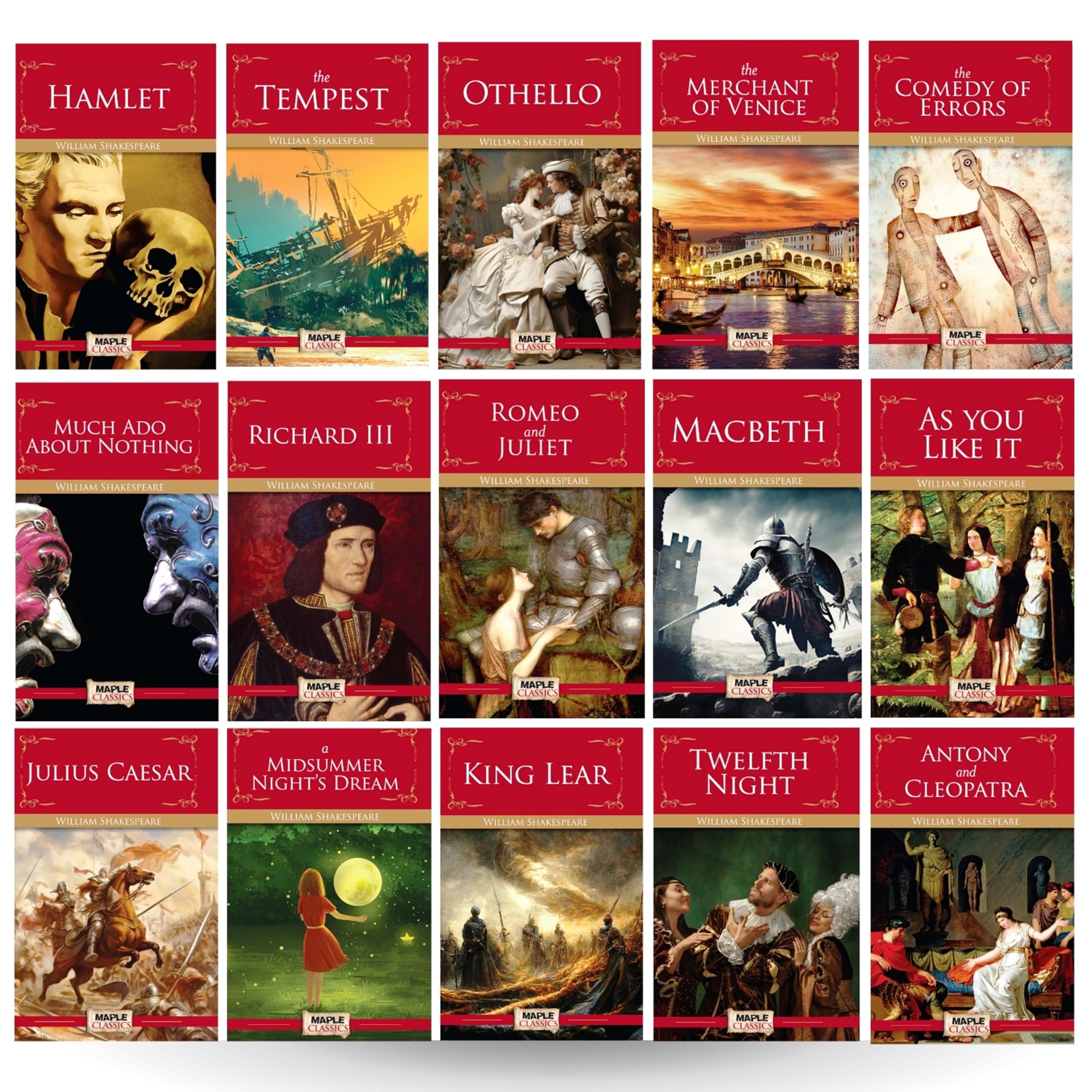 William Shakespeare (Set of 15 Books)  Hamlet, The Tempest, Othello, The Merchant of Venice, The Comedy of Errors, Richard III,