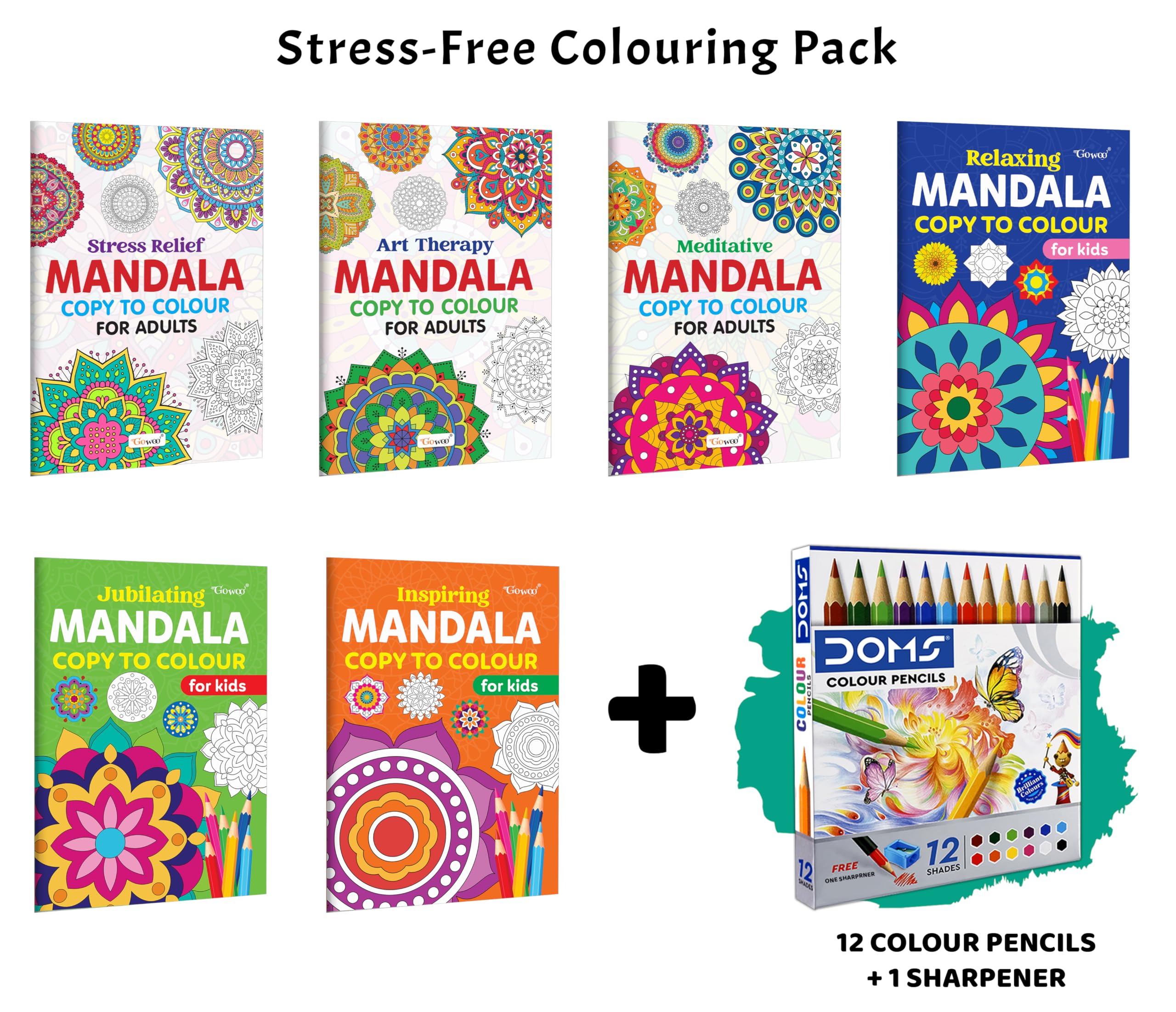 Stress Relief, Art Therapy, Meditative  Mandala Copy to Colour for Adults & Kids and more with 12 Colour Pencils and 1 Sharpene