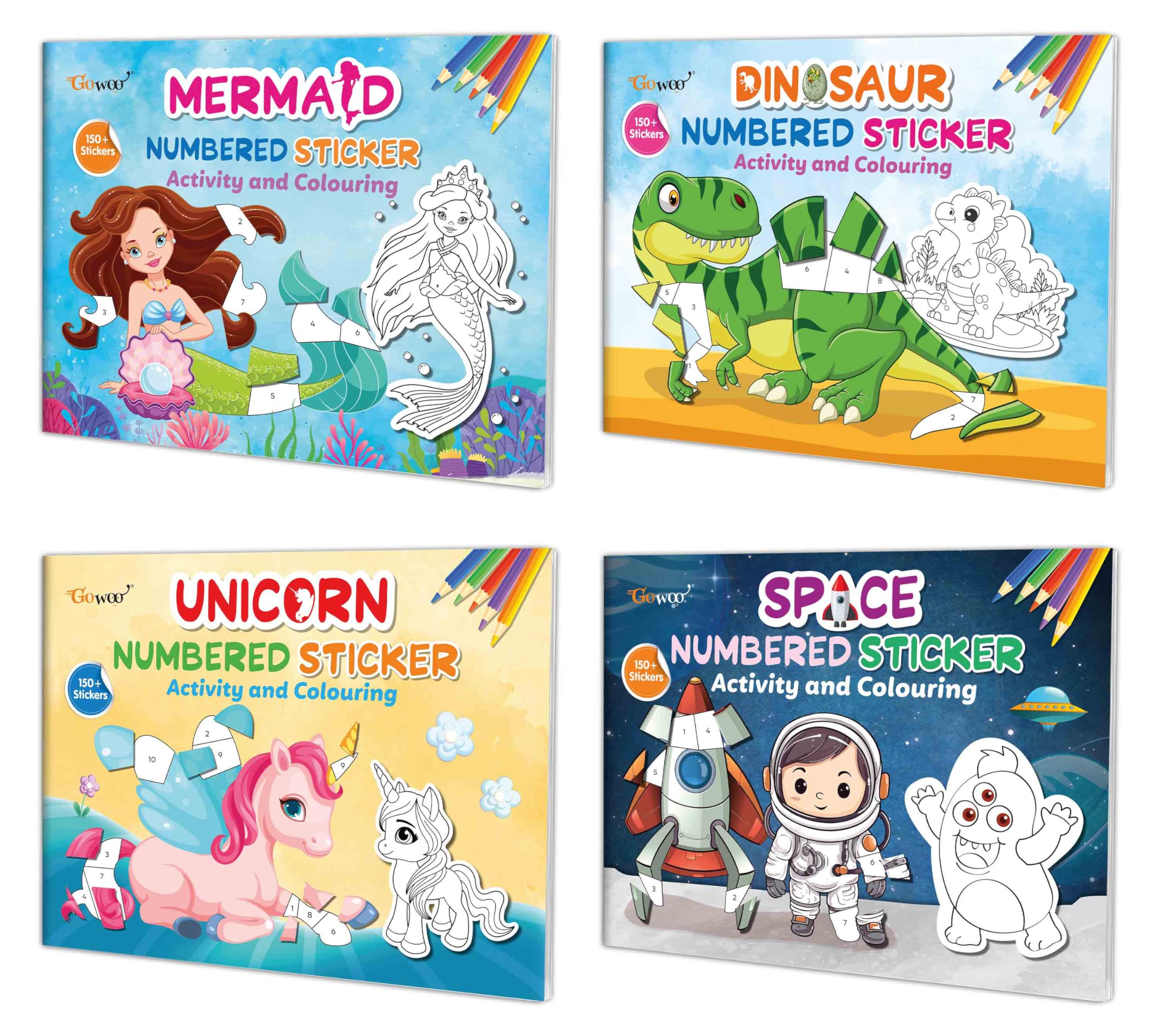 Mermaid, Dinosaur, Unicorn and Space Numbered Sticker Activity and Colouring books for age 3+ Kids : Fun colouring for children,