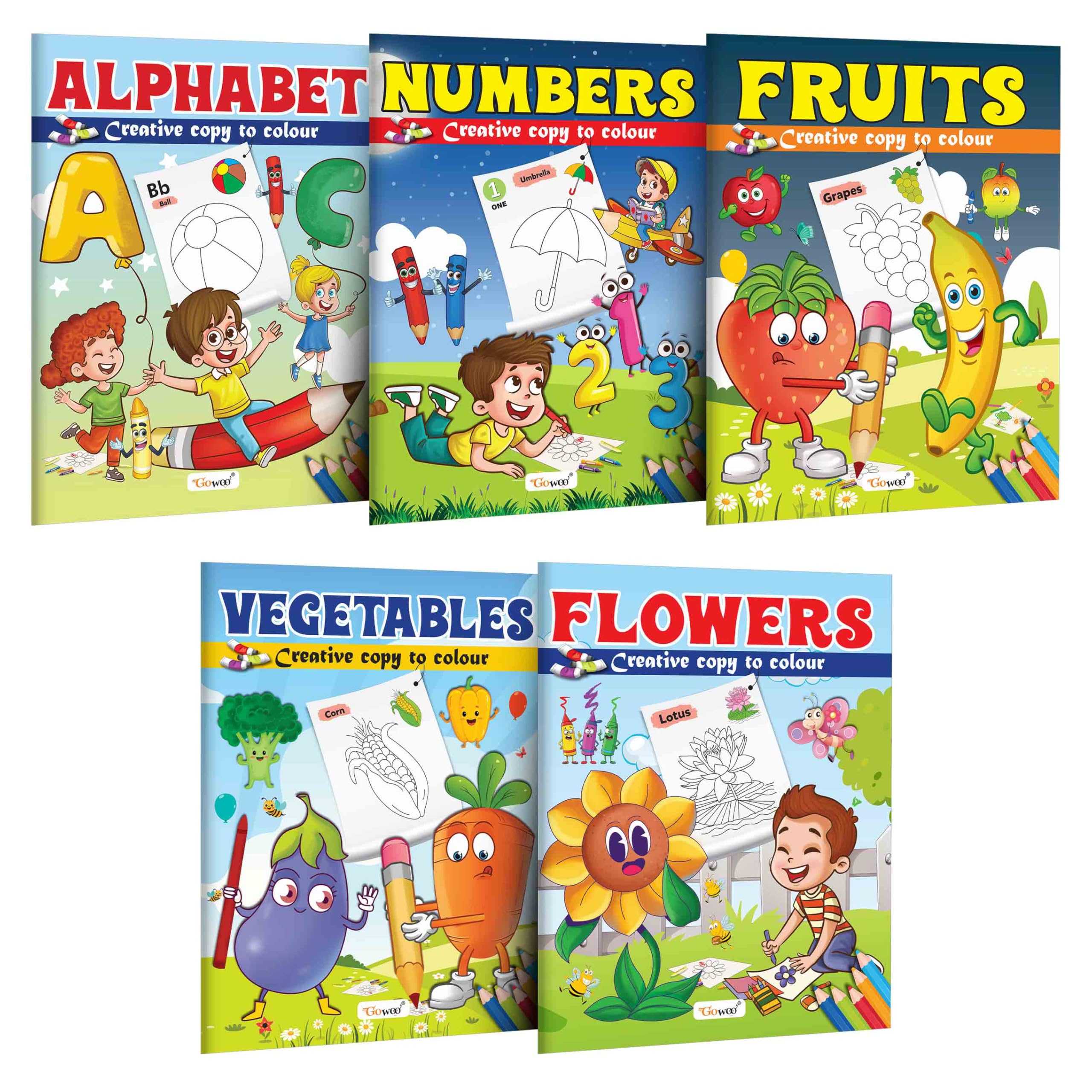 Alphabet, Numbers, Fruits, Vegetables and Flowers  Creative Copy to Colour book : Picture Coloring Book for Early Learners, Cop