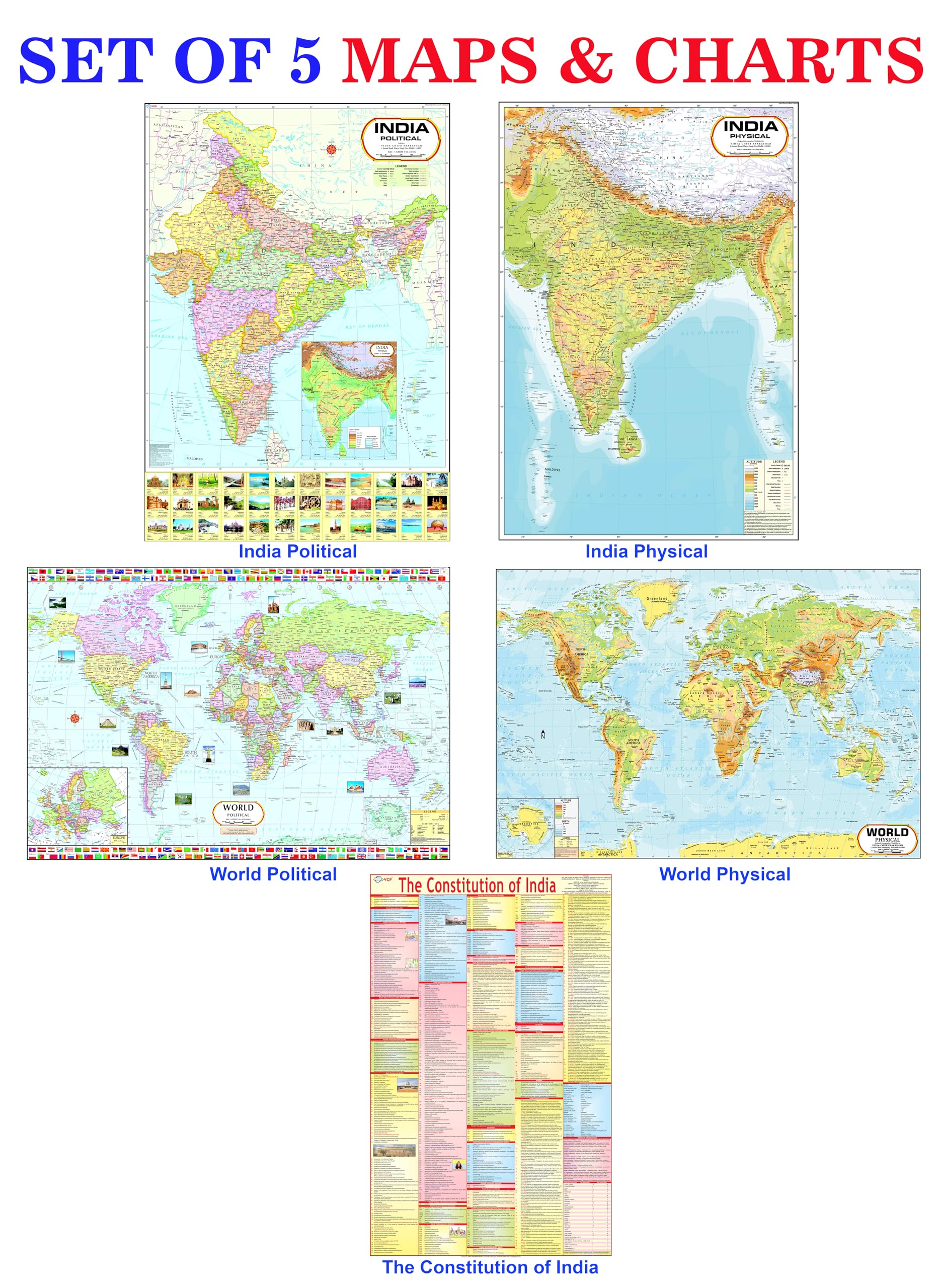 India & World Map (Both Political & Physical) & Constitution Chart | NON LAMINATED PAPER FOLDED MAPS | SET OF 5 | Useful for UPS