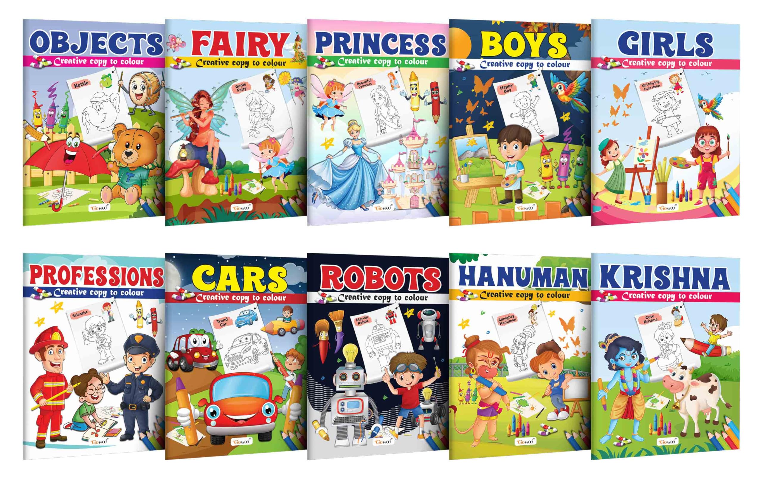 Objects, Fairy, Princess, Boys, Girl, Professions, Cars, Robot, Hanuman and Krishna  Creative Copy to Colour book :Kids Colouri