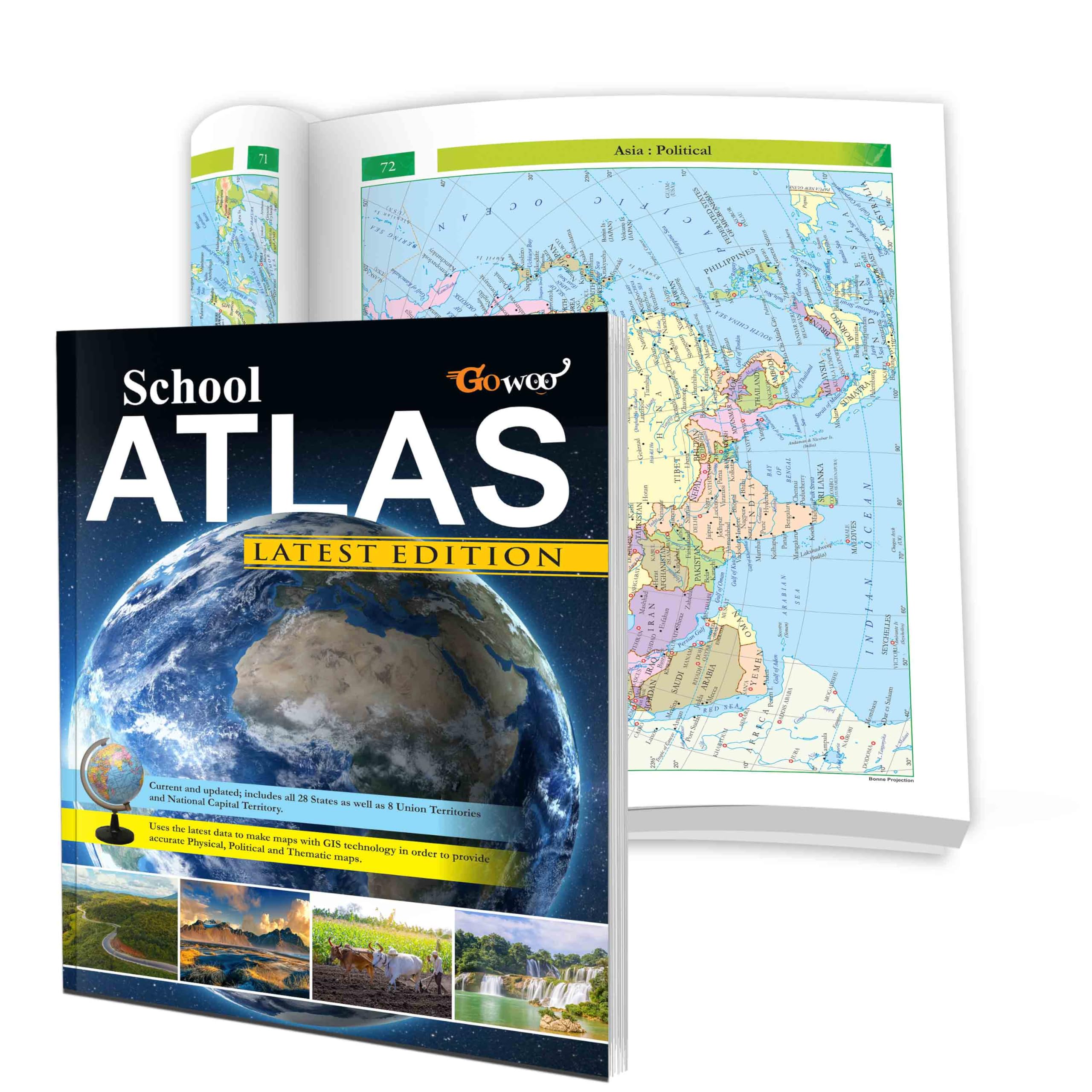 Educational School Atlas in English | HighQuality Maplitho Paper | Covers Physical and Political Geography of India and the Wor