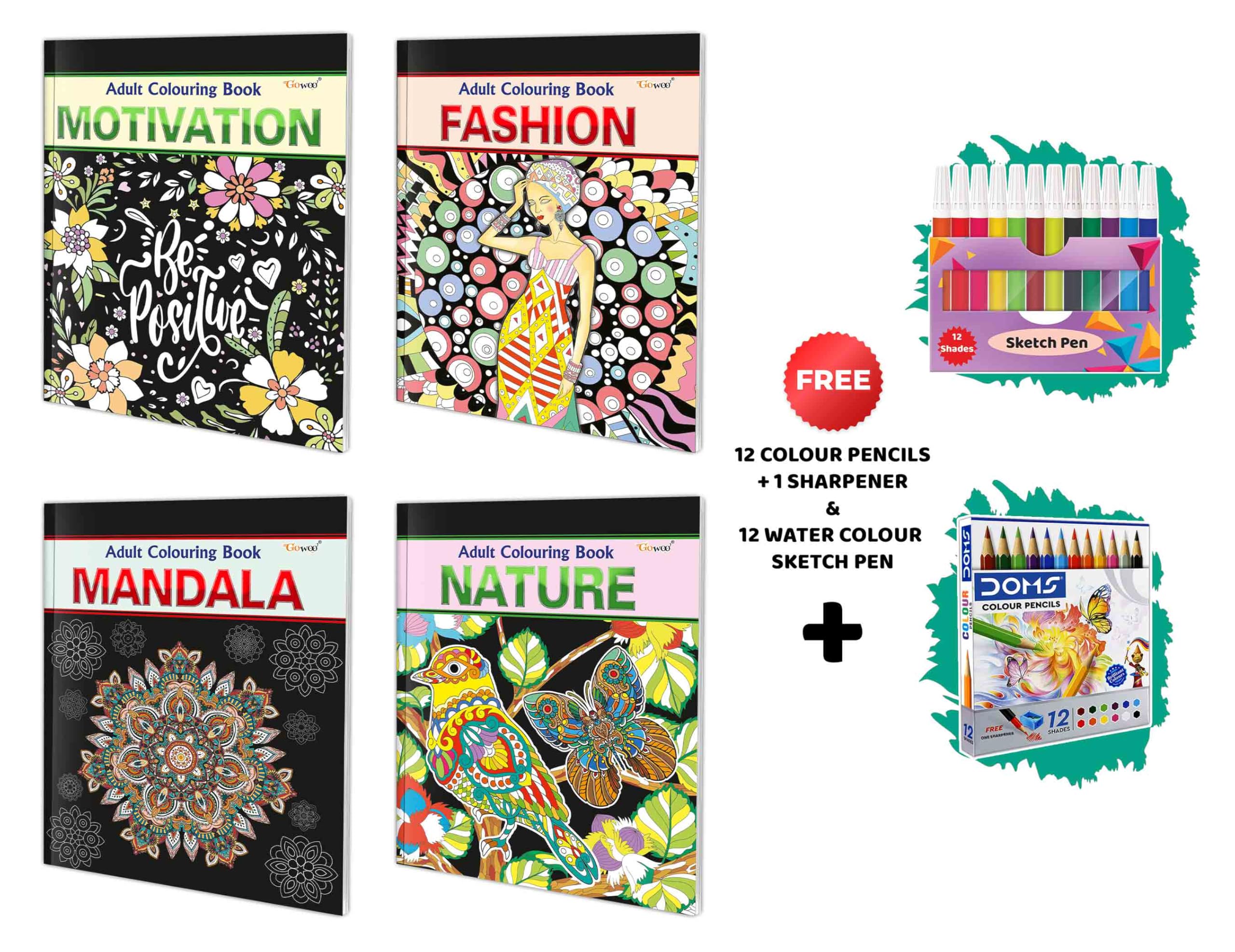 Motivation, Fashion, Mandala and Nature  Adult Colouring Book with 12 Water Colour Sketch Pens and 12 Colour Pencils + 1 Sharpe