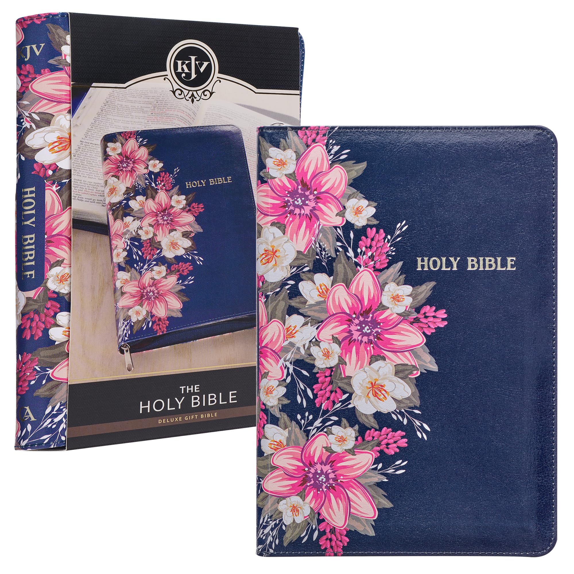 KJV Holy Bible Standard Size Faux Leather Red Letter Edition Thumb Index & Ribbon Marker, King James Version, Blue Floral, Zippe