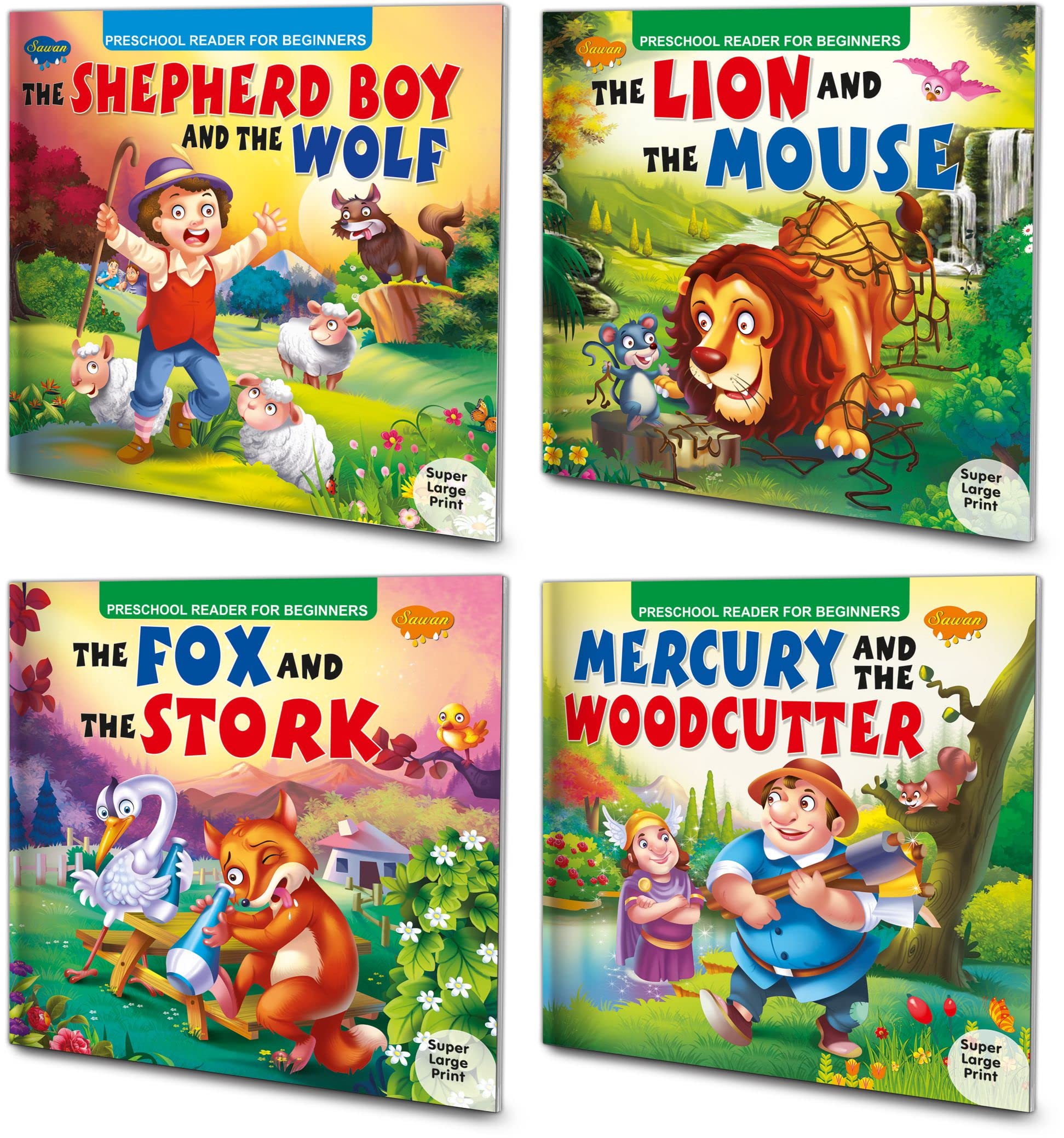 Sawan Story Books For Beginners & Early Readers Pack Of 4 Books (The Shepherd Boy And The Wolf, The Lion And The Mouse, The Fox 