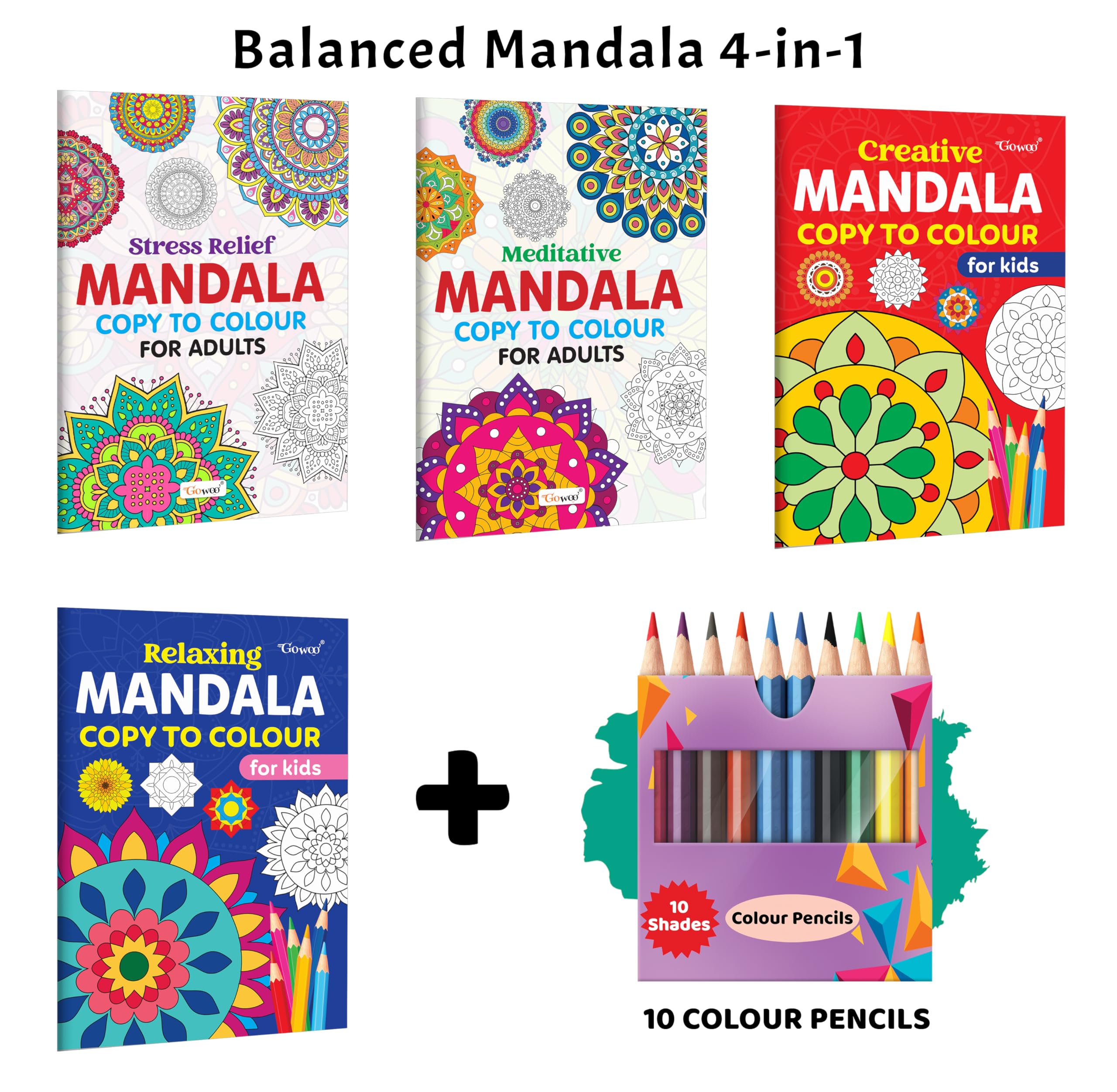 Stress Relief, Meditative, Creative  Mandala Copy to Colour for Adults & Kids and more with 10 Colour Pencils : relaxing manda