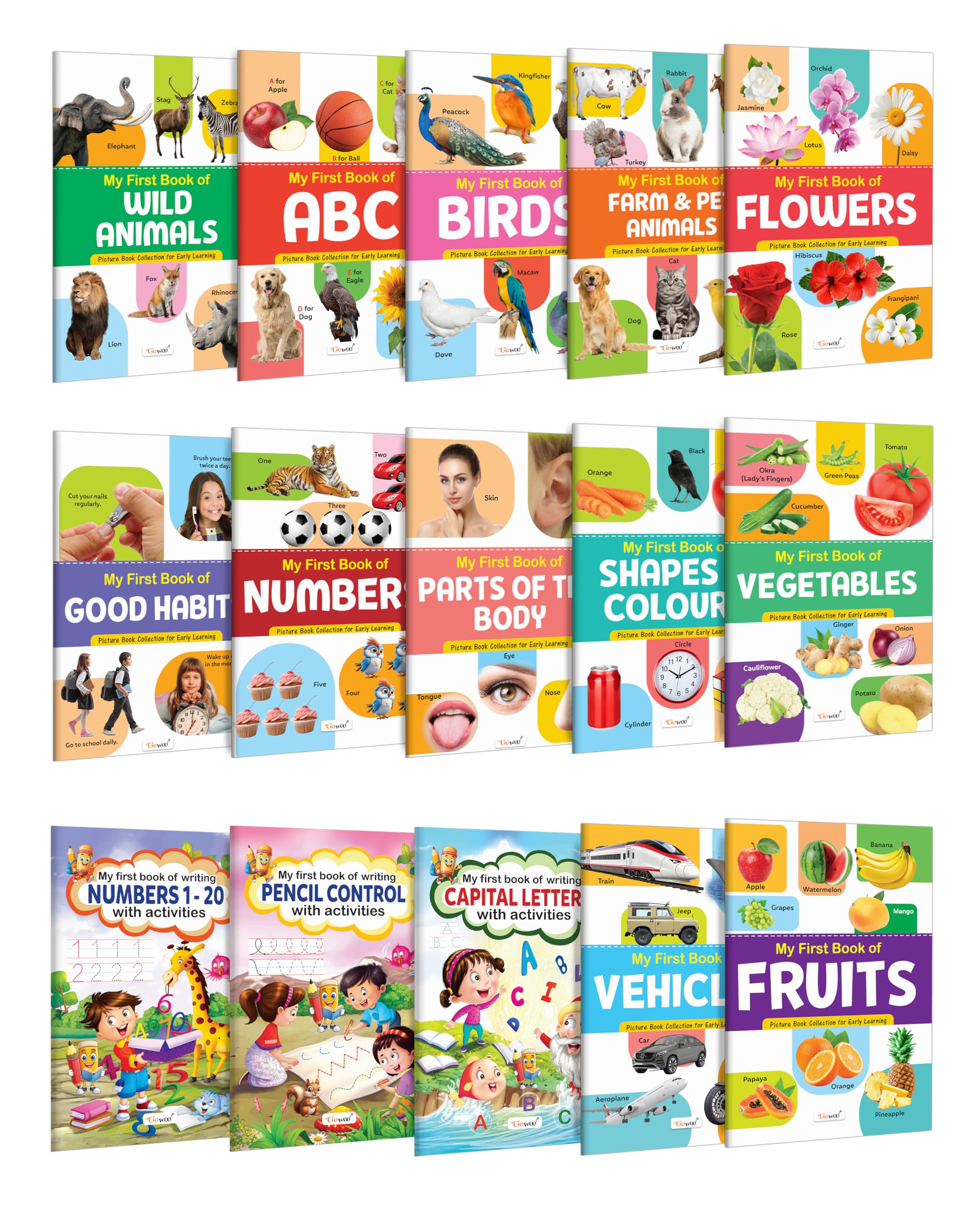 My First Book of ABC, Numbers, Fruits and more, My First Book of Writing activities books : Early education books, Fun colouring