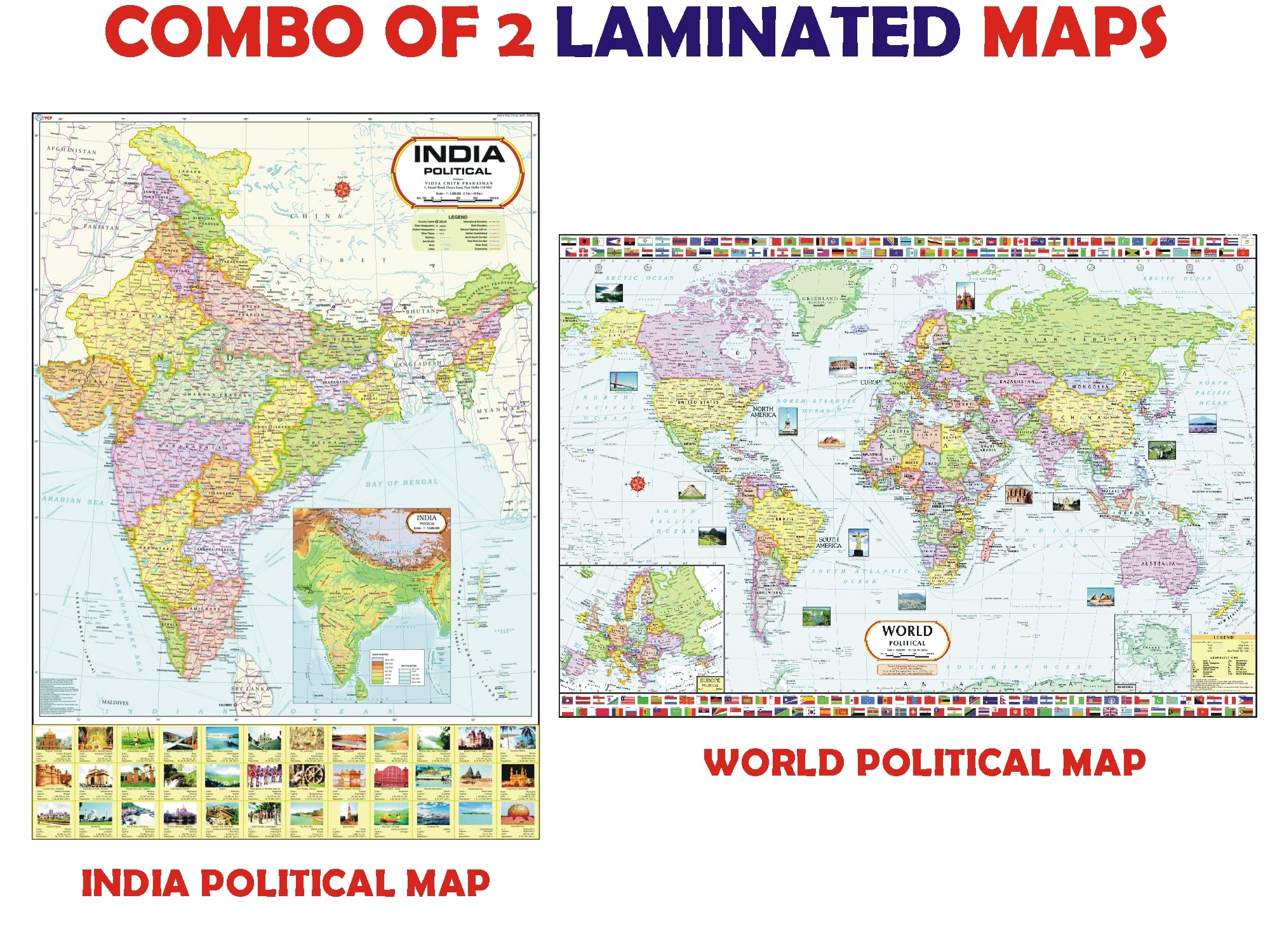 India Map & World Map Combo | LAMINATED | Size : 70 X 100 cm | India Map | World Map | TearResistant, Waterproof, Adhesive Back