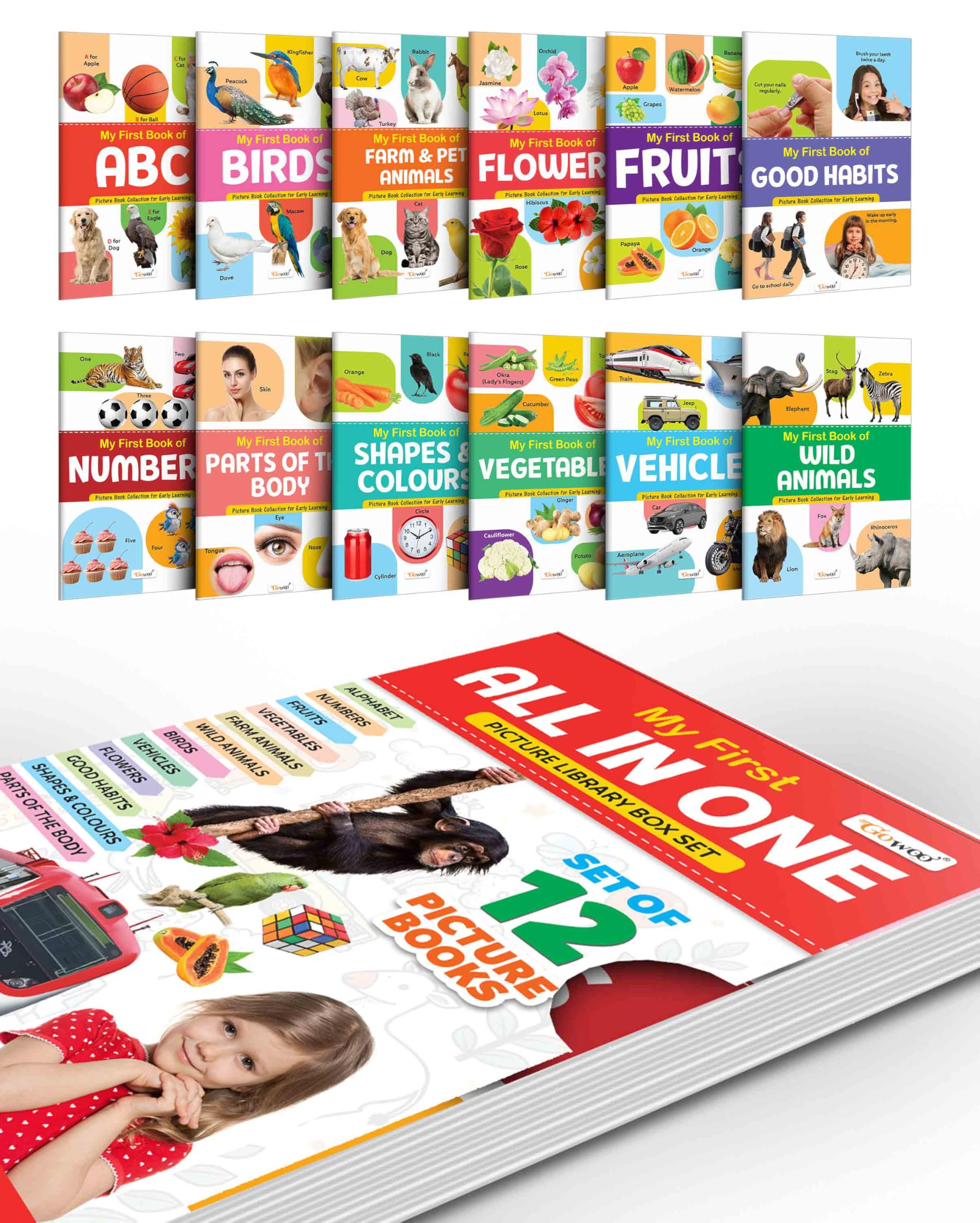 Toddlers learning library box set (Red Edition) : Learning board book for kids, My First All in One Picture Library Box, Library