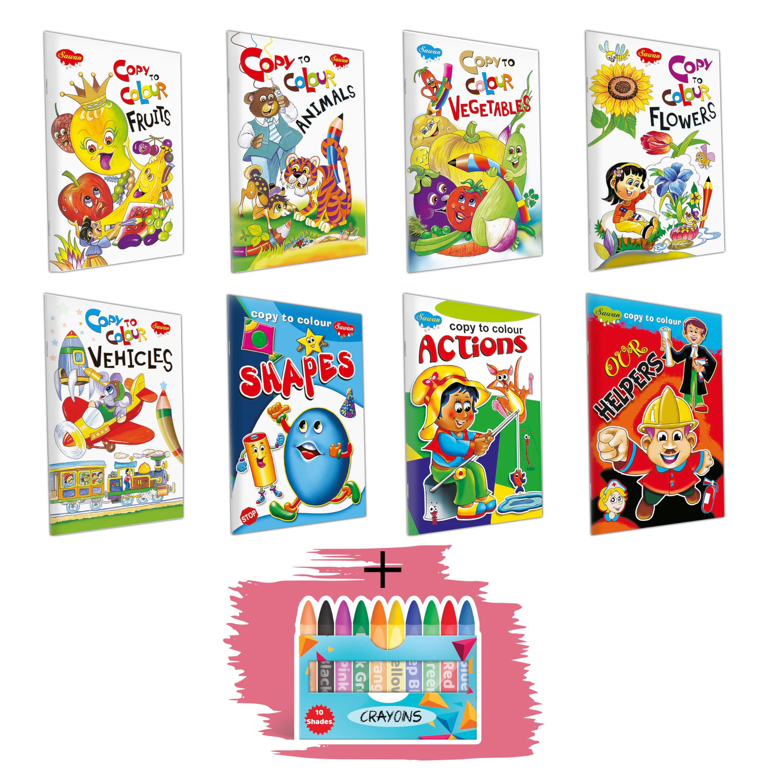 set of 8 colouring books | Fruits,Animals, Vegetables,Flowers, Vehicles,Shapes, Actions,Our Helpers,10 WAX CRAYONS| Colour Books