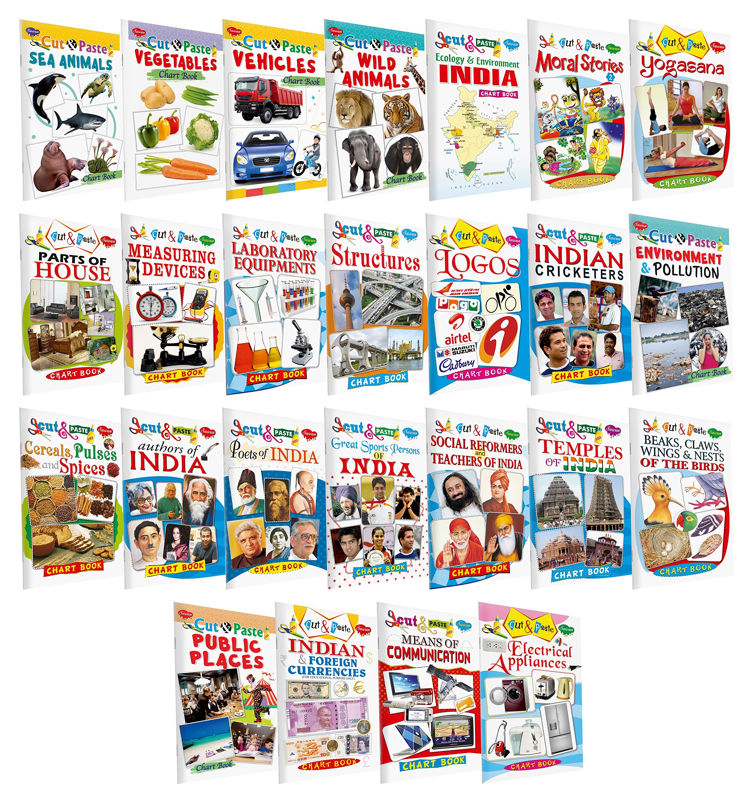 Sawan Presents Pack Of 25 Books Combo 4 | Cut And Paste Chart Books For Children | Project Work Books For School | Picture Book 