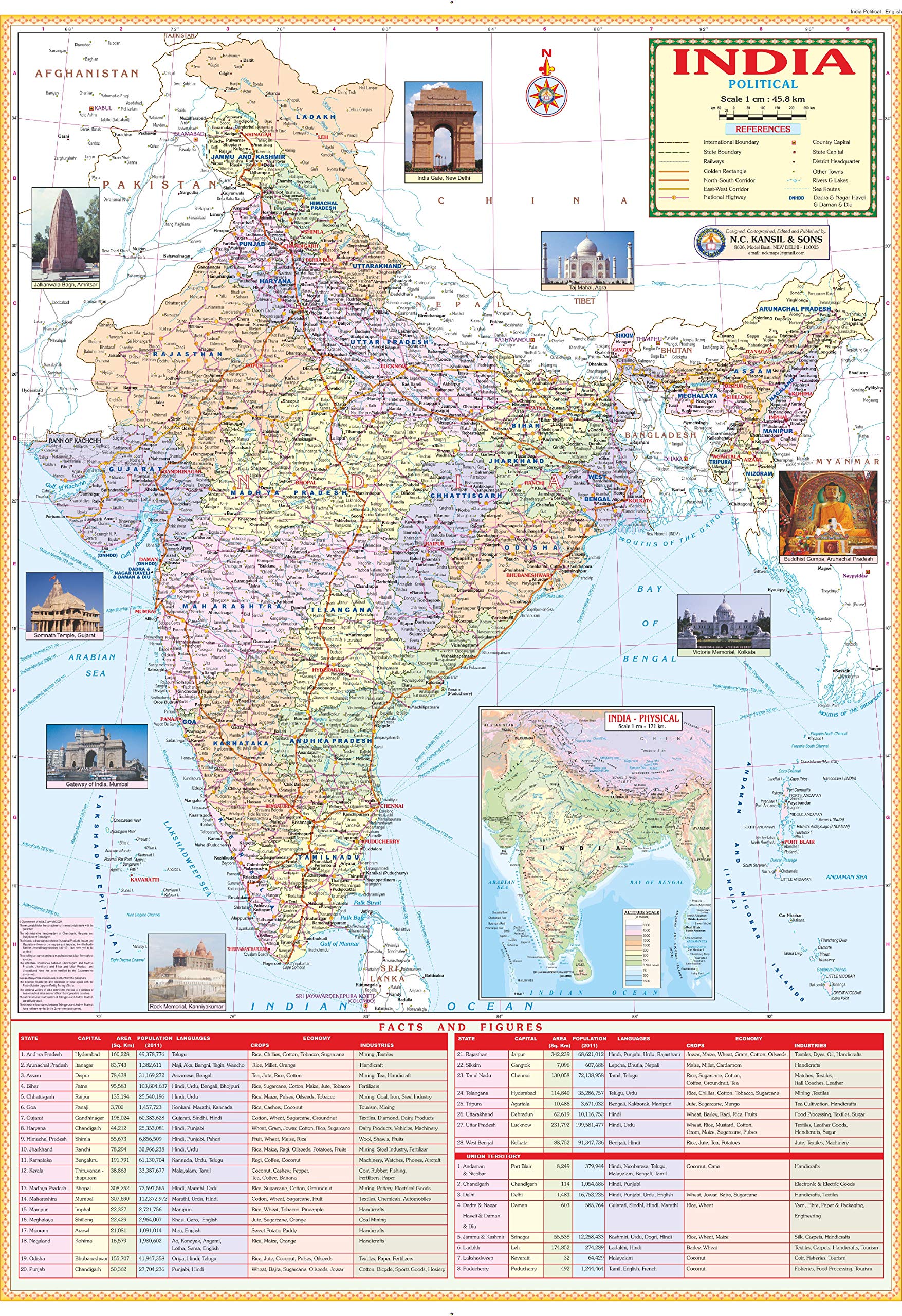 MWM01 | Teachingnest TNs India Political Map 70x100cm English Showing bifurcation of Jammu & Kashmir and Ladakh