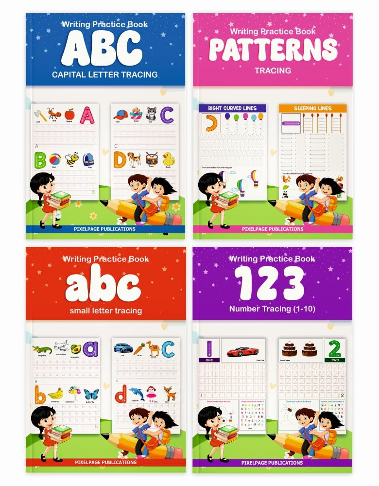 Writing Practice Books for kids A4 size (Set of 4) Write and Practice with Fun ABC capital letters, abc small letters, pattern