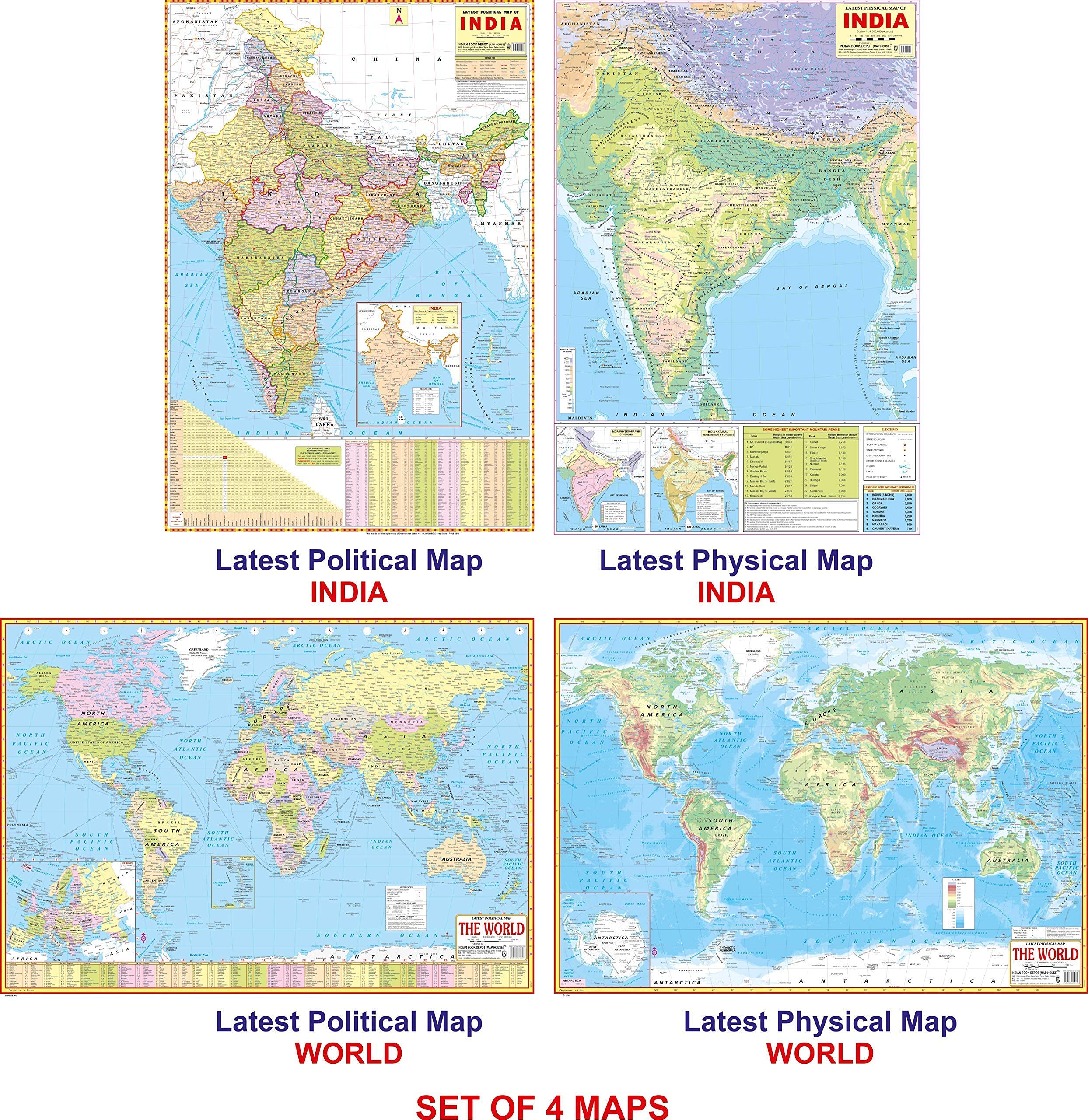 Combo Pack Of 4 Laminated Maps India And World Political Map And Physical Map In English (Size 70X100 Cms)