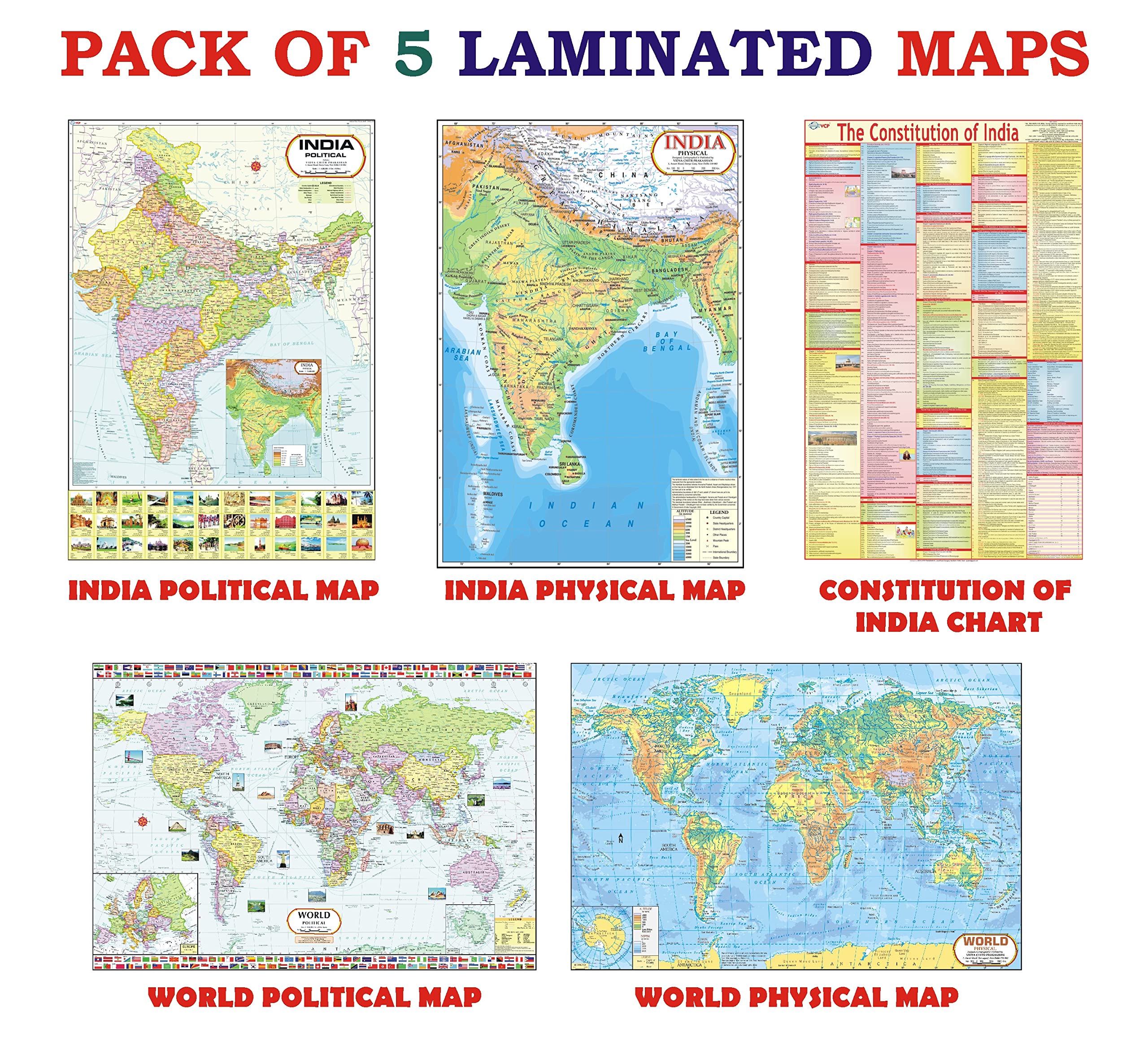 India & World Map ( Both Political & Physical ) with Constitution of India Chart | LAMINATED | SET OF 5 | Useful for UPSC, SSC, 